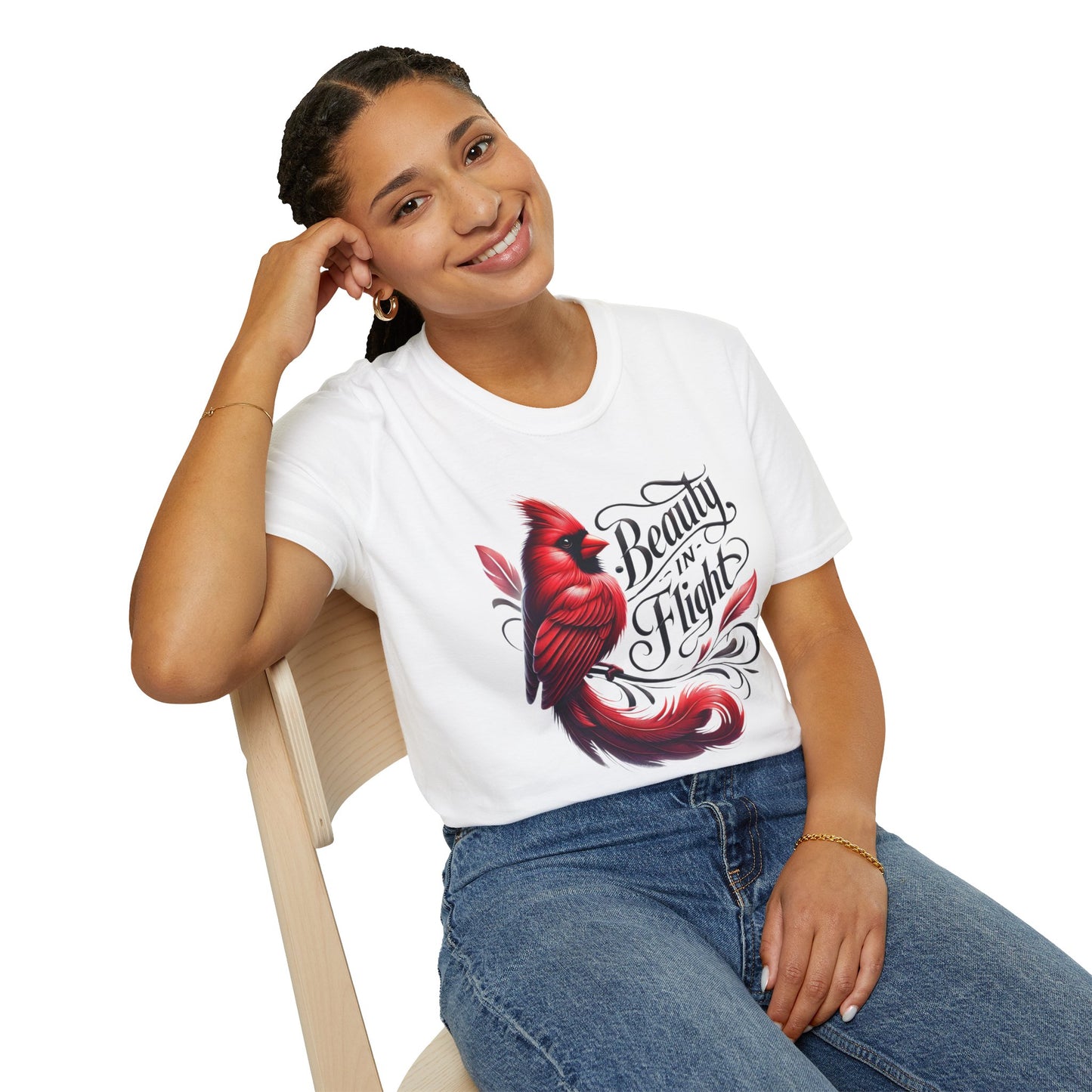 Close-up of cardinal bird and script design on white T-shirt