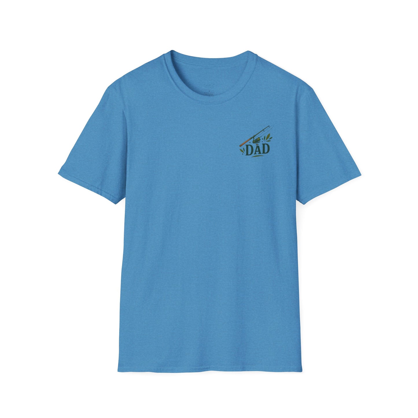 Close-up of Reel Great Dad shirt with vintage-style fishing pole illustration