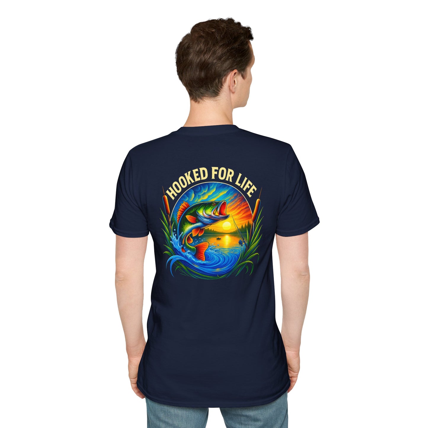 A man wearing a fishing t-shirt with the text Hooked for Life