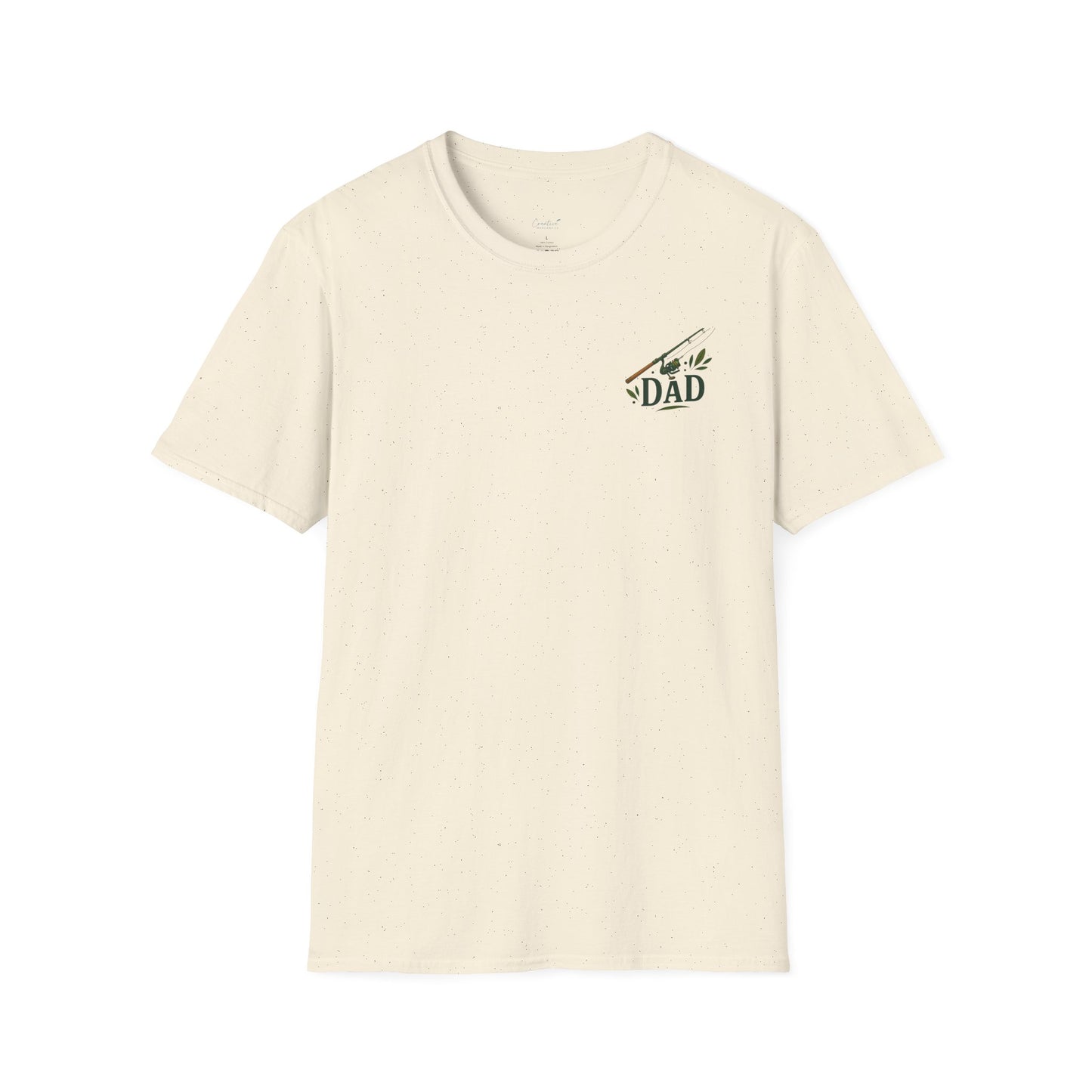 Close-up of Reel Great Dad shirt with vintage-style fishing pole illustration