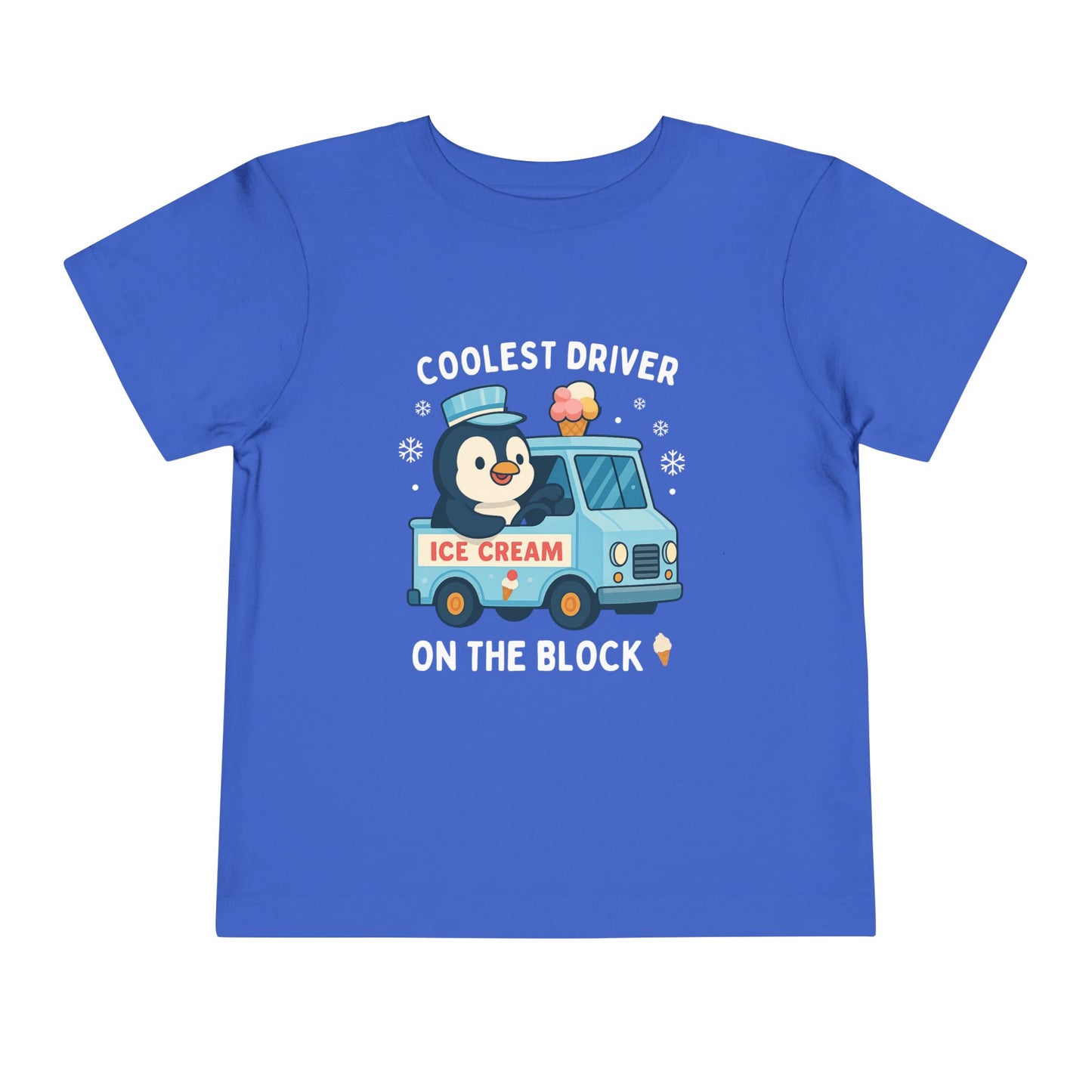 Toddler Coolest Driver blue shirt with penguin and ice-cream truck
