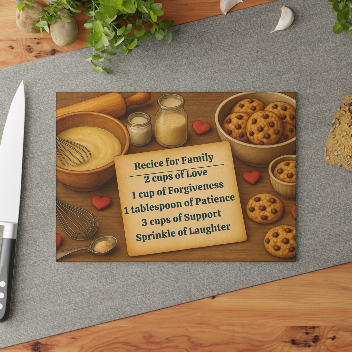 Tempered glass cutting board with kitchen quote and illustrated utensils