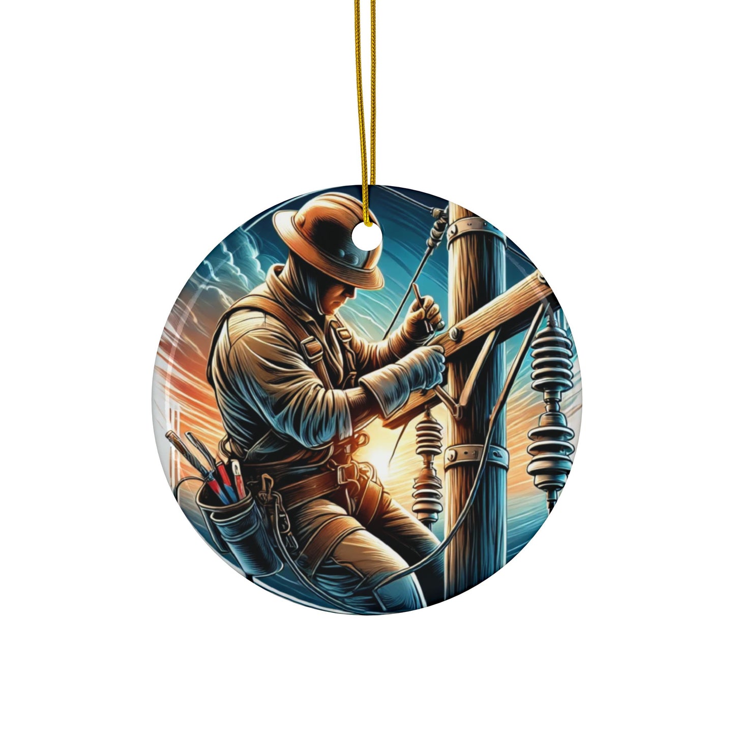 Round lineman ceramic ornament