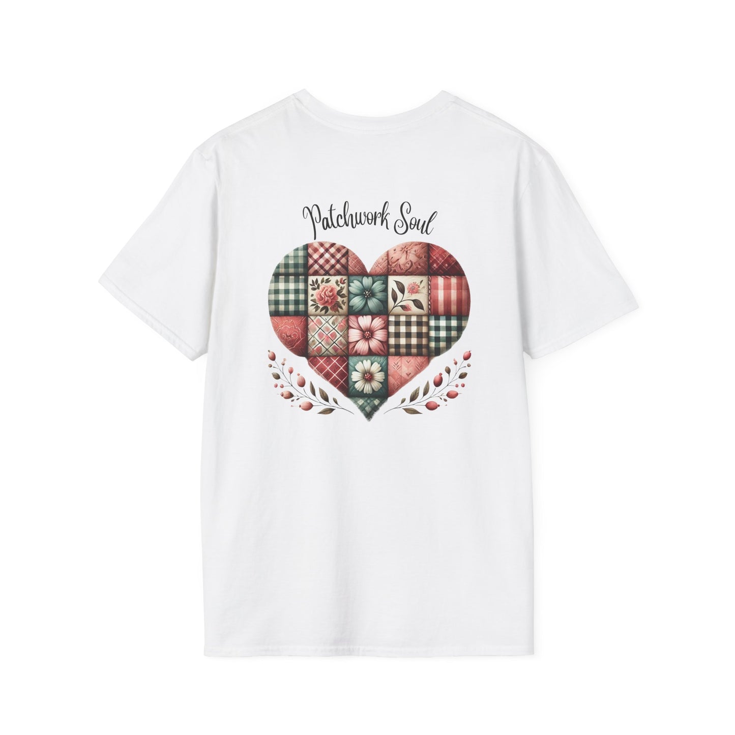 Patchwork Soul T-shirt with colorful stitched heart graphic
