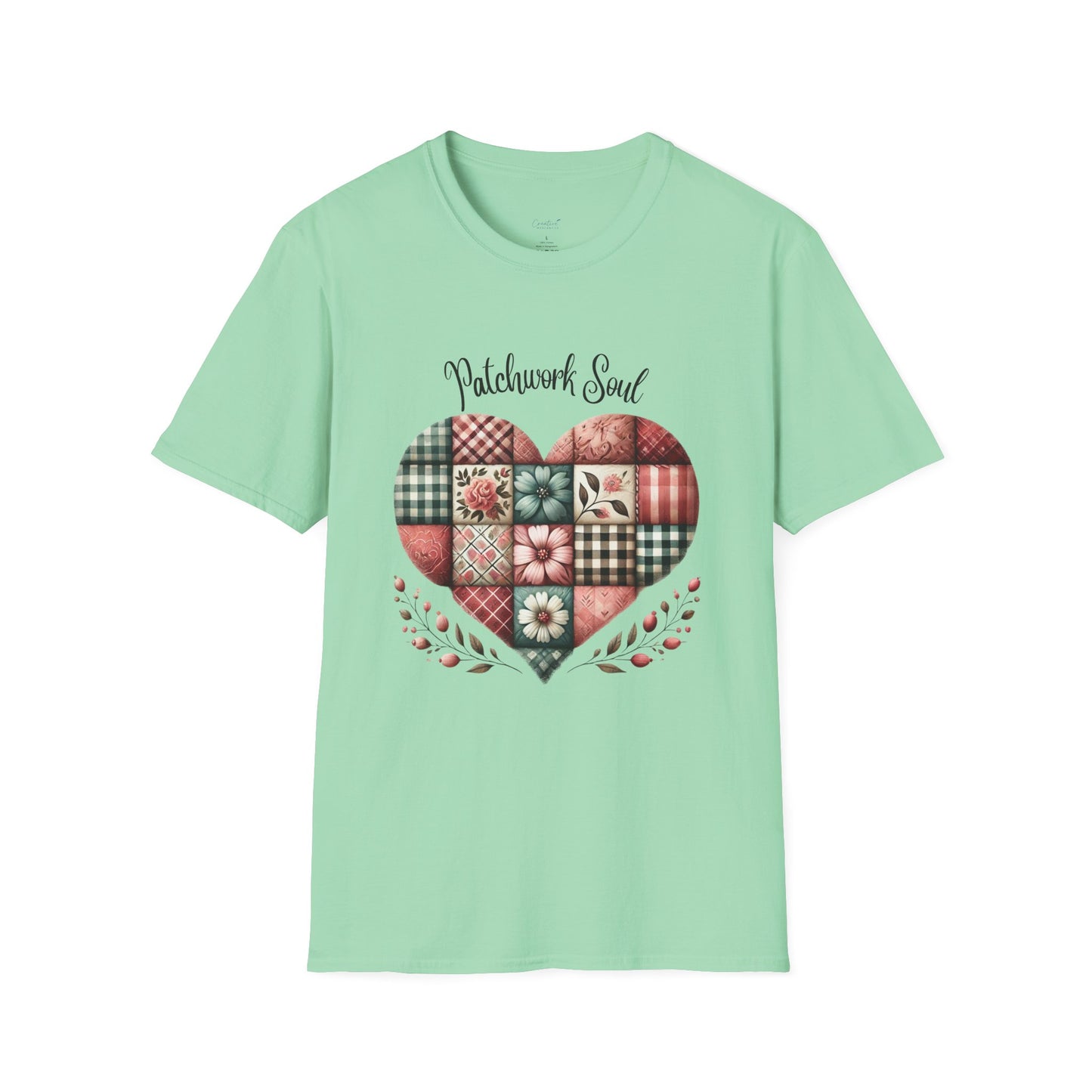 Patchwork Soul T-shirt with colorful stitched heart graphic