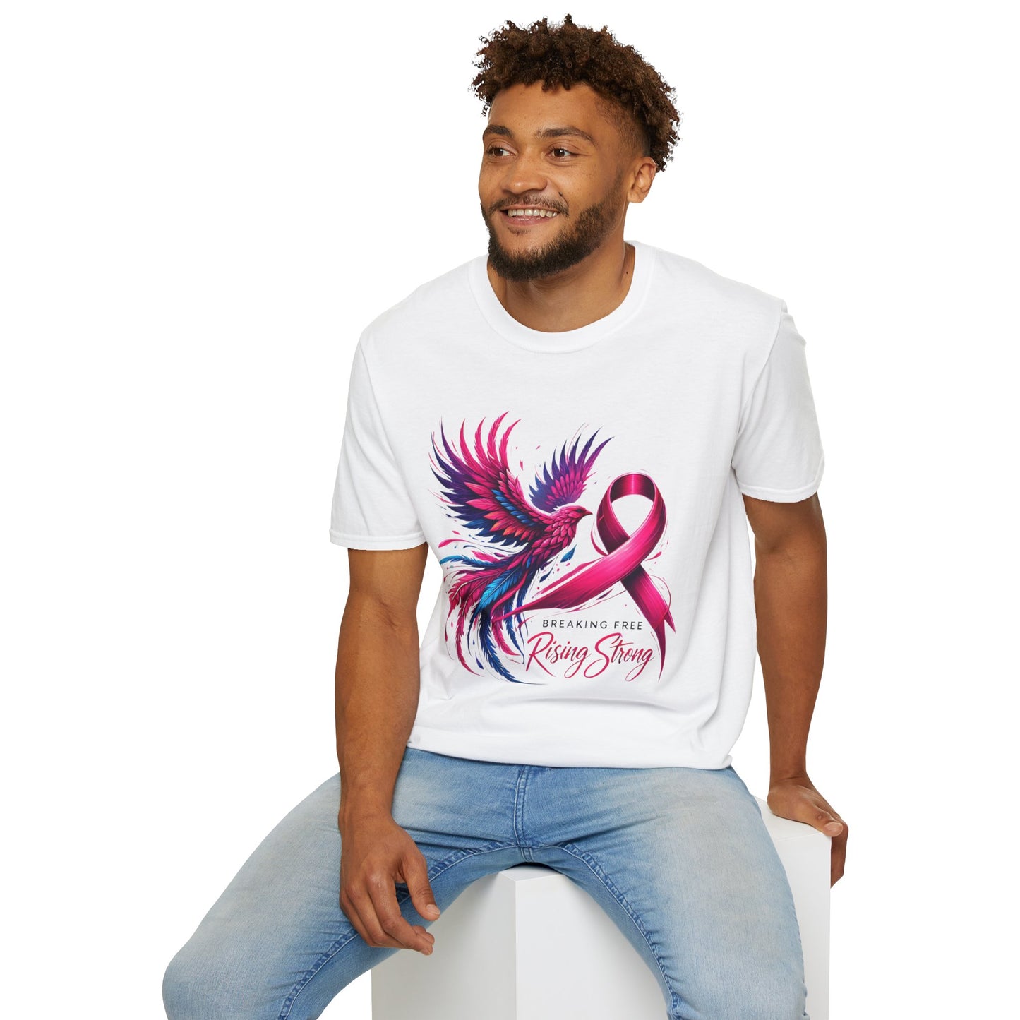 Close-up of Rising Strong Cancer Awareness shirt with a phoenix and ribbon