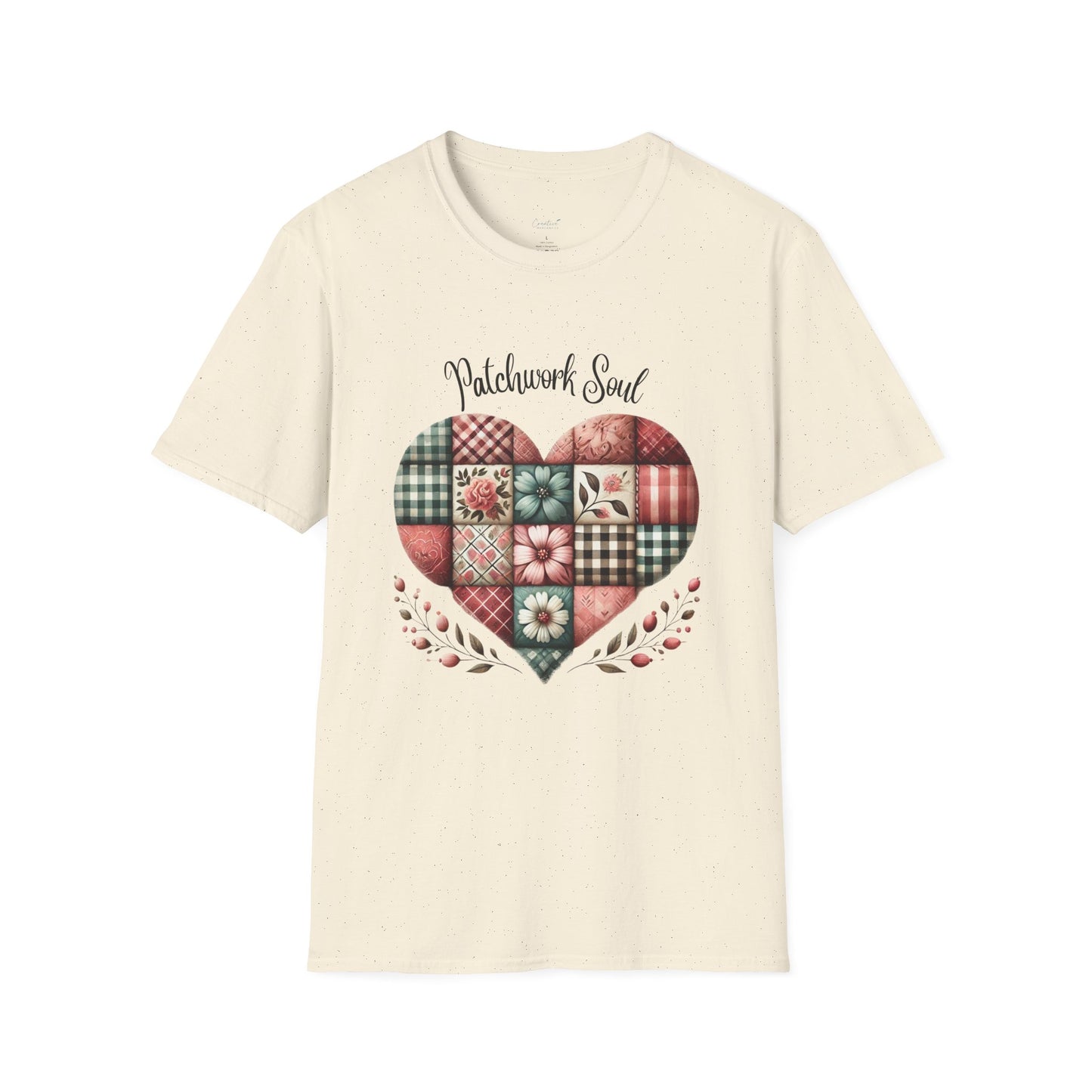 Patchwork Soul T-shirt with colorful stitched heart graphic