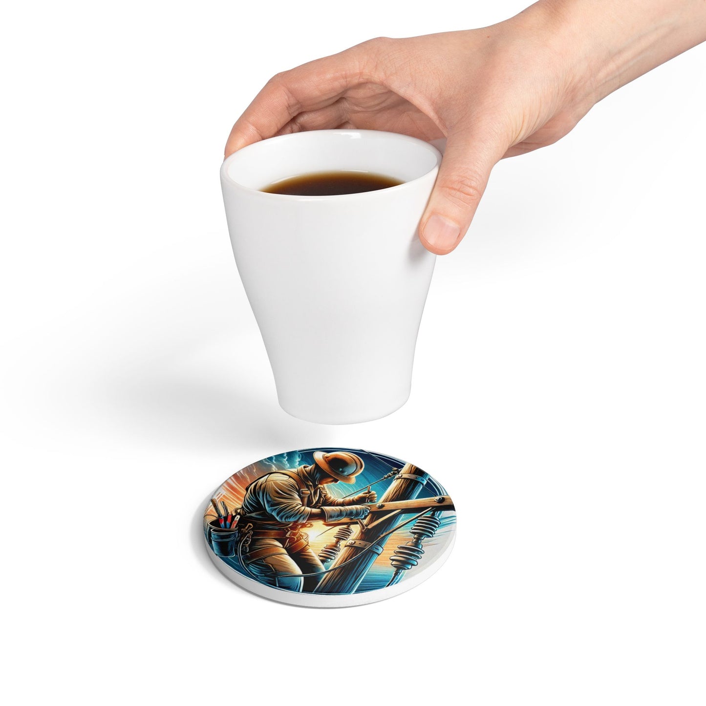 Round lineman coaster with coffee cup