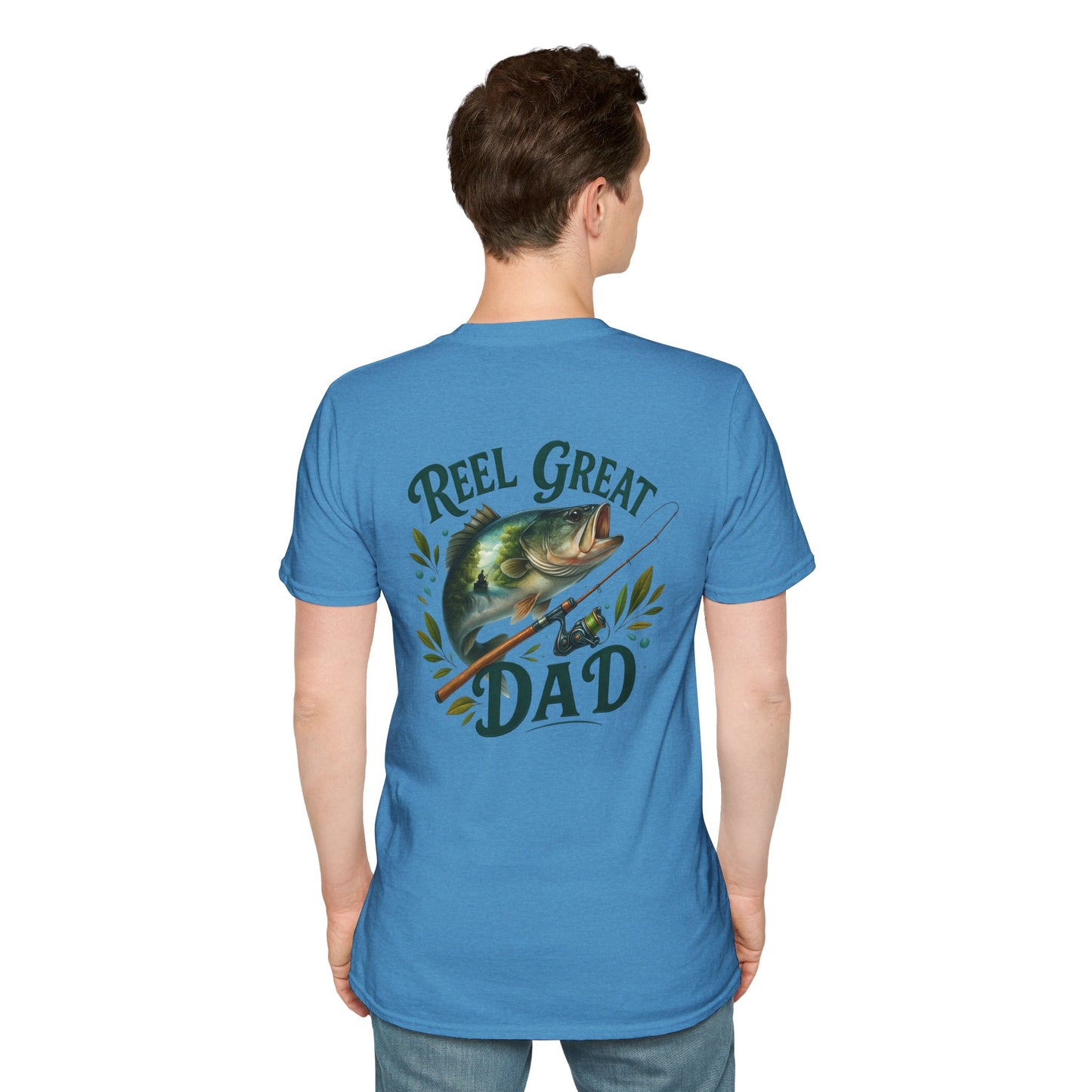 Close-up of Reel Great Dad shirt with vintage-style fishing pole illustration