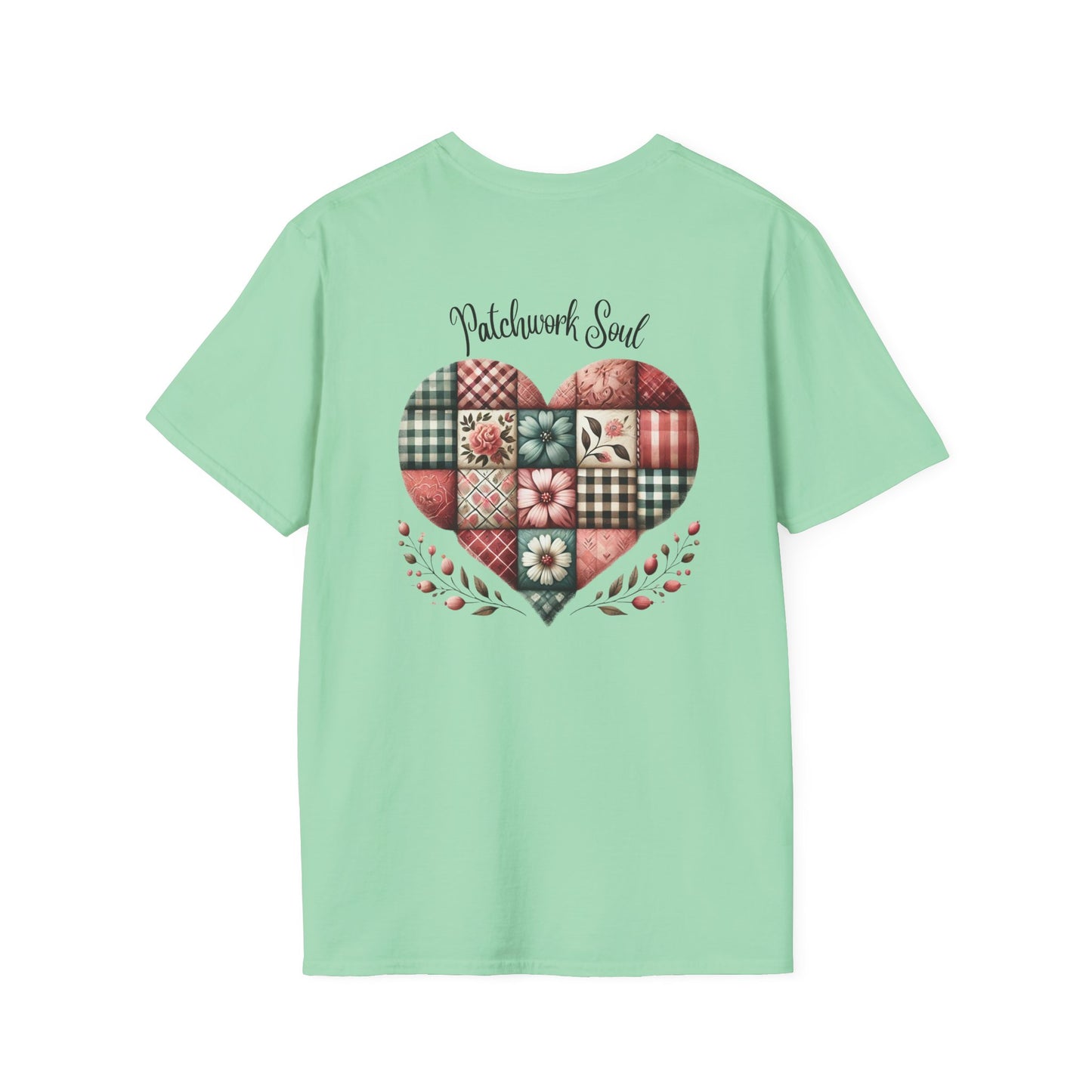Patchwork Soul T-shirt with colorful stitched heart graphic