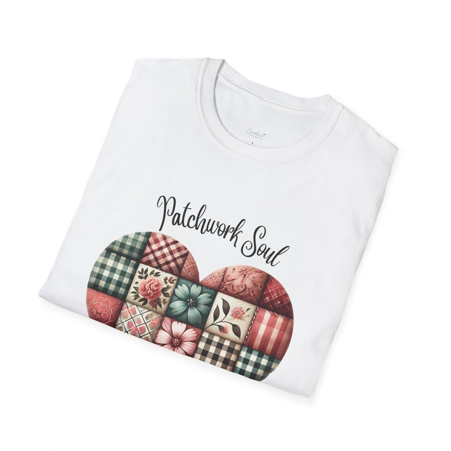 Patchwork Soul T-shirt with colorful stitched heart graphic