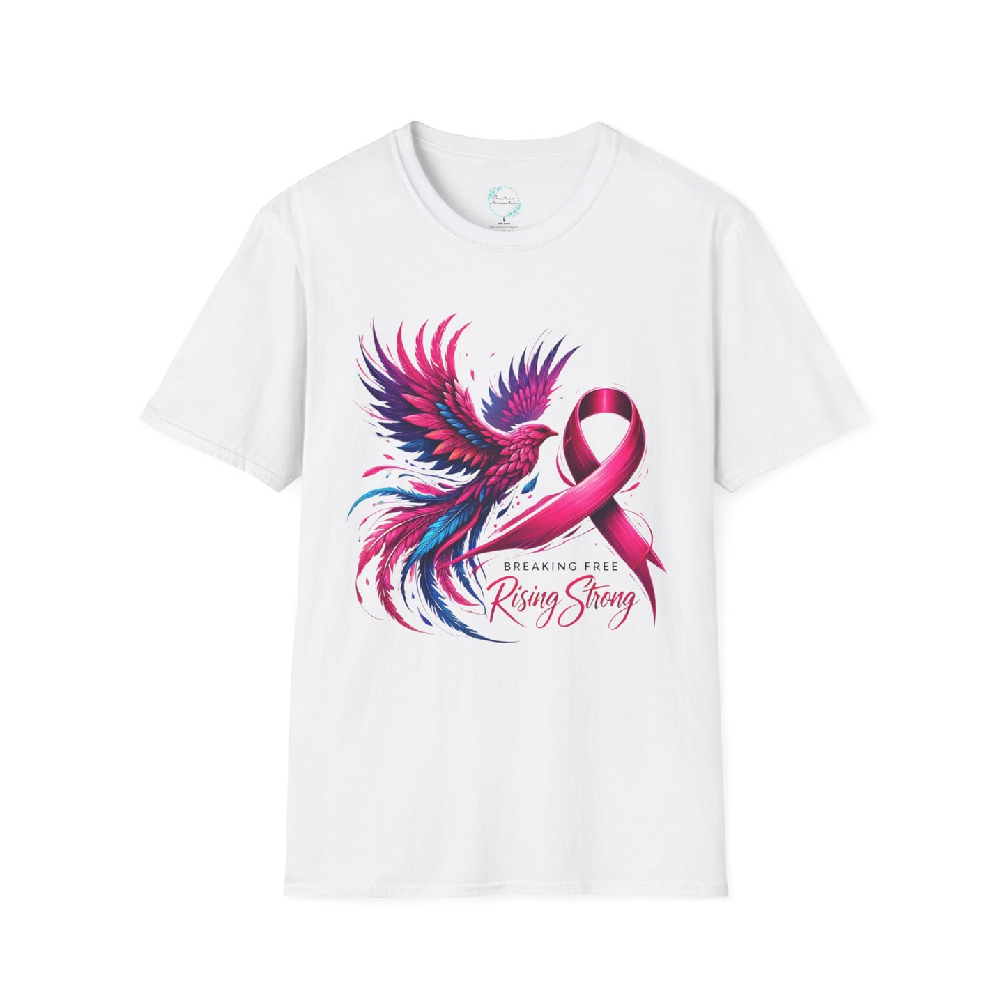 Close-up of Rising Strong Cancer Awareness shirt with a phoenix and ribbon
