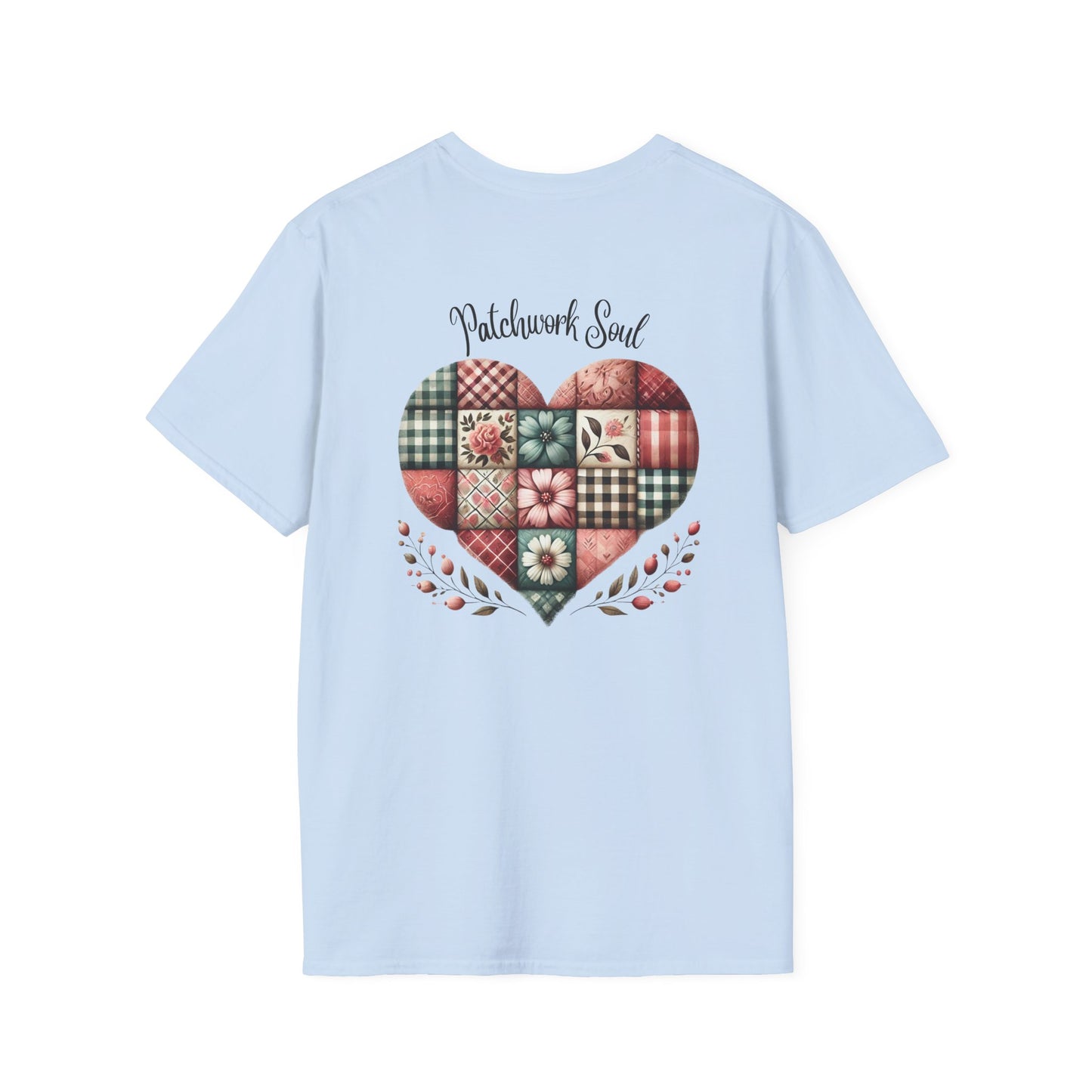 Patchwork Soul T-shirt with colorful stitched heart graphic