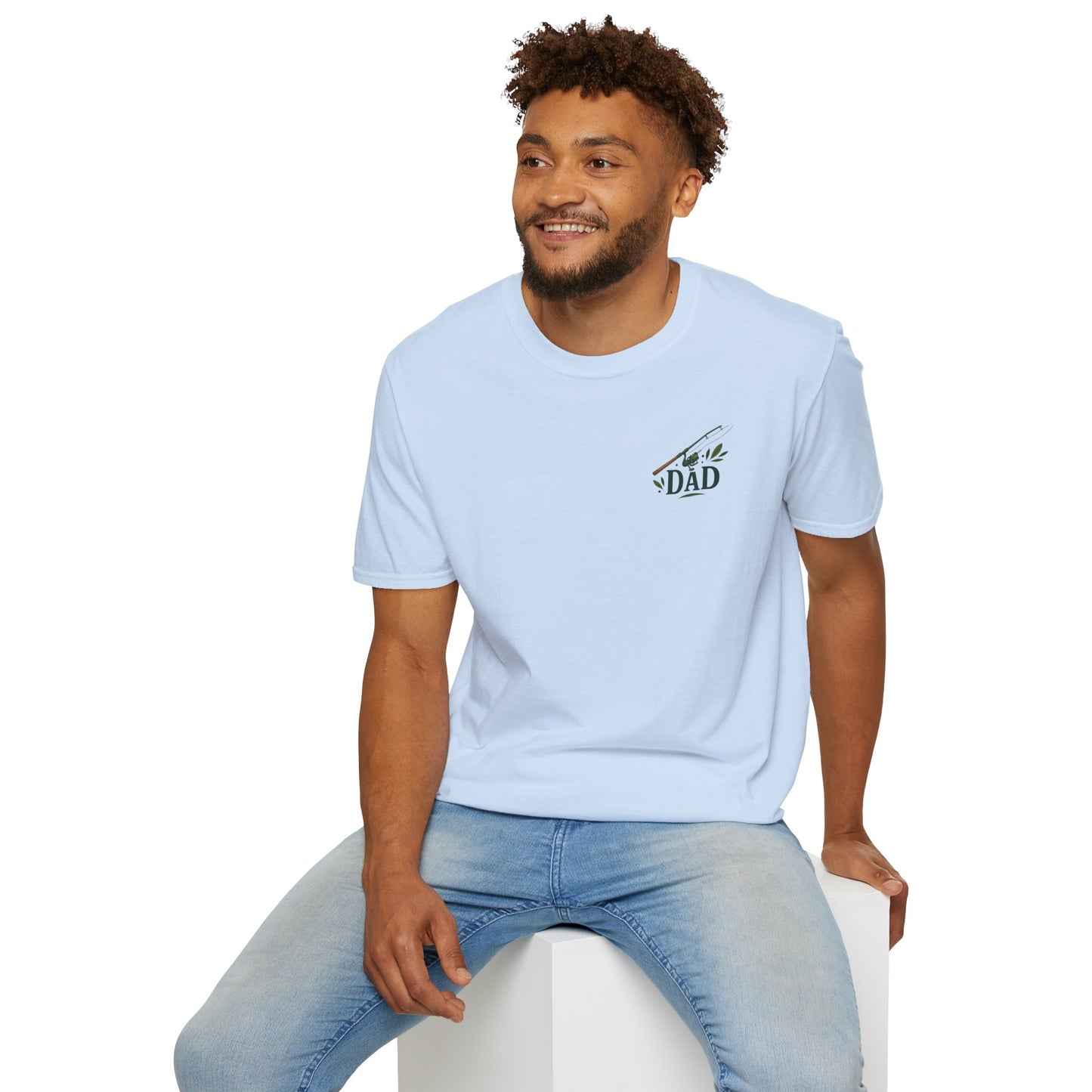 Close-up of Reel Great Dad shirt with vintage-style fishing pole illustration