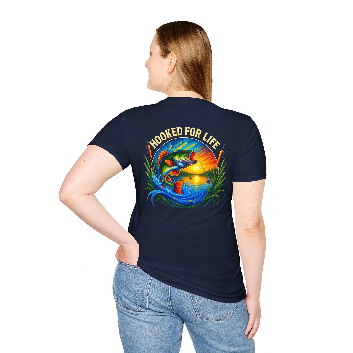 Woman wearing a fishing shirt with text