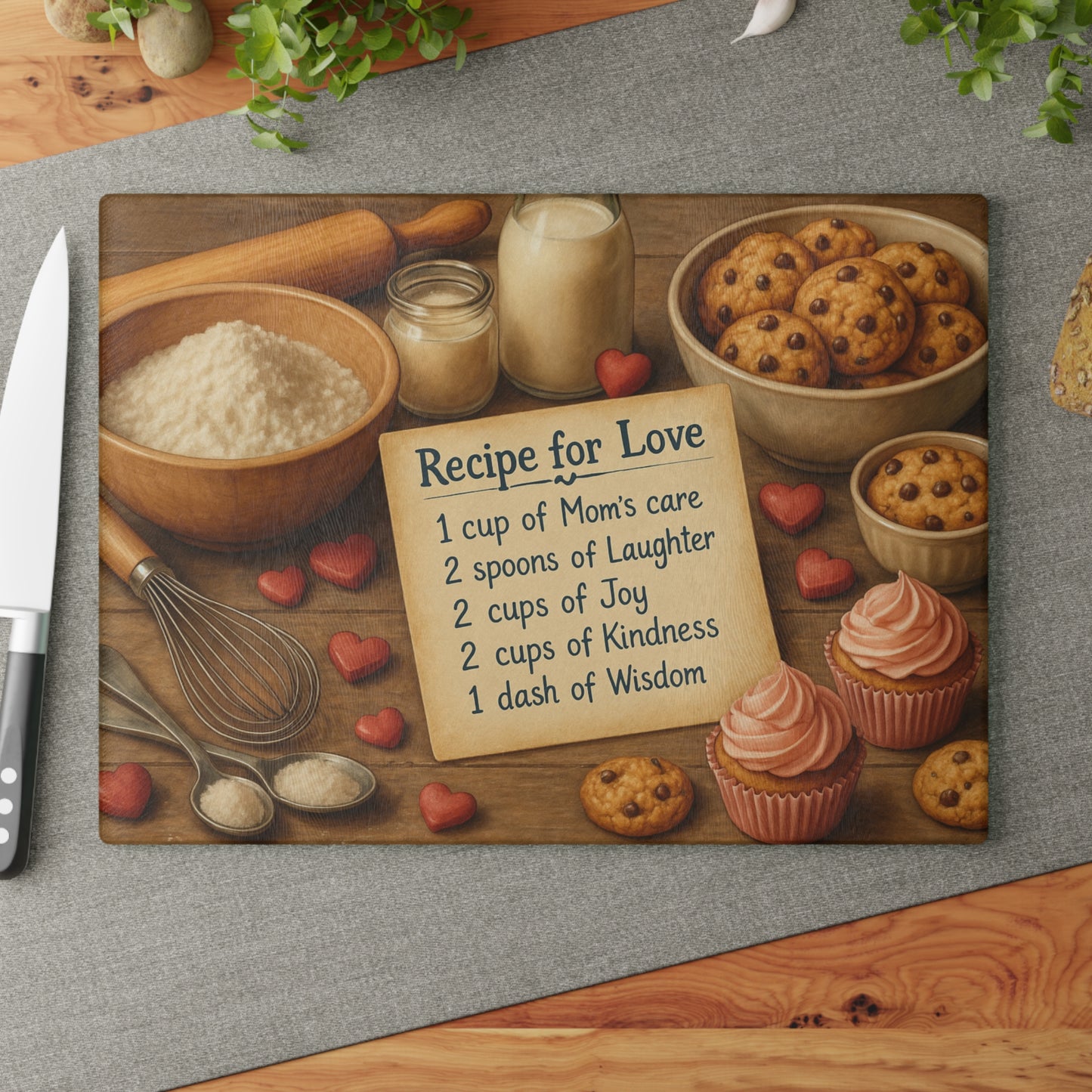 Recipe for Love glass cutting board with cookies milk, flower, utensils and recipe card
