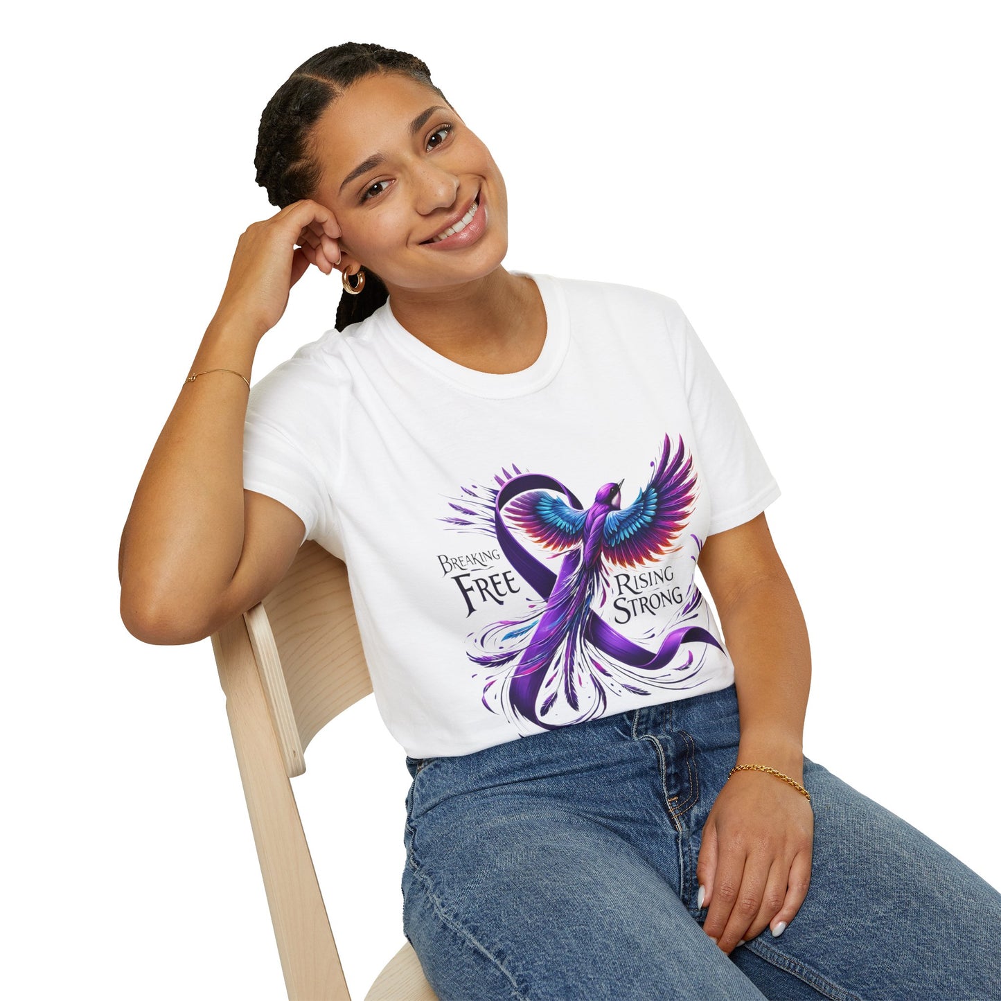 Woman wearing Rising Strong white shirt with jeans
