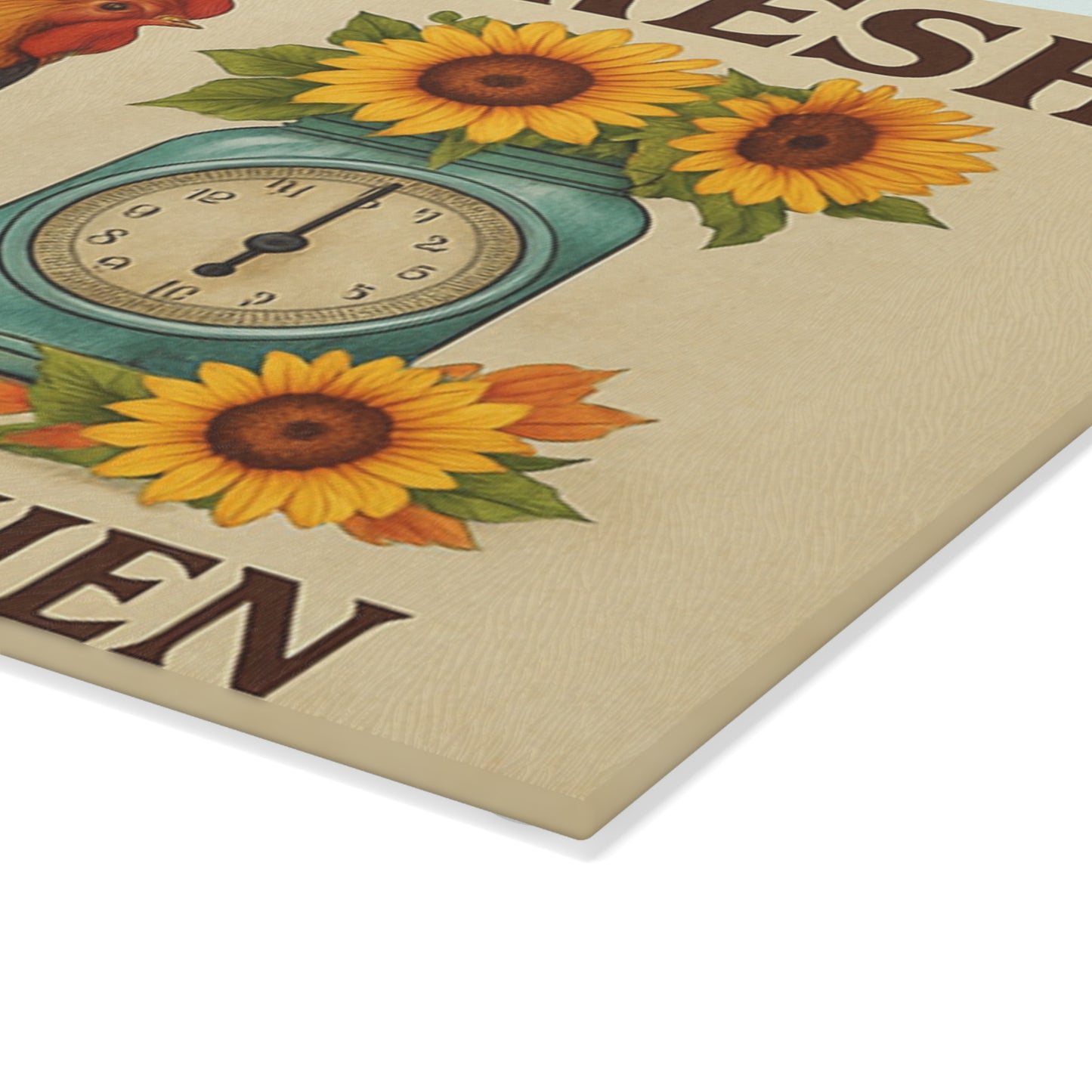Tempered glass cutting board with kitchen quote and illustrated utensils