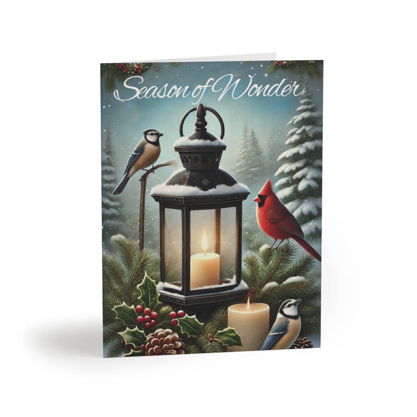 Season of Wonder Christmas card with cardinal, lantern, pinecones, and candle in a snowy winter forest