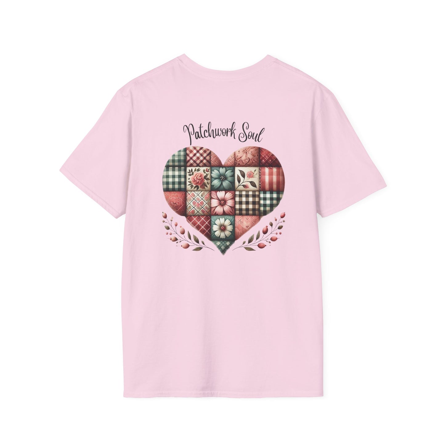 Patchwork Soul T-shirt with colorful stitched heart graphic
