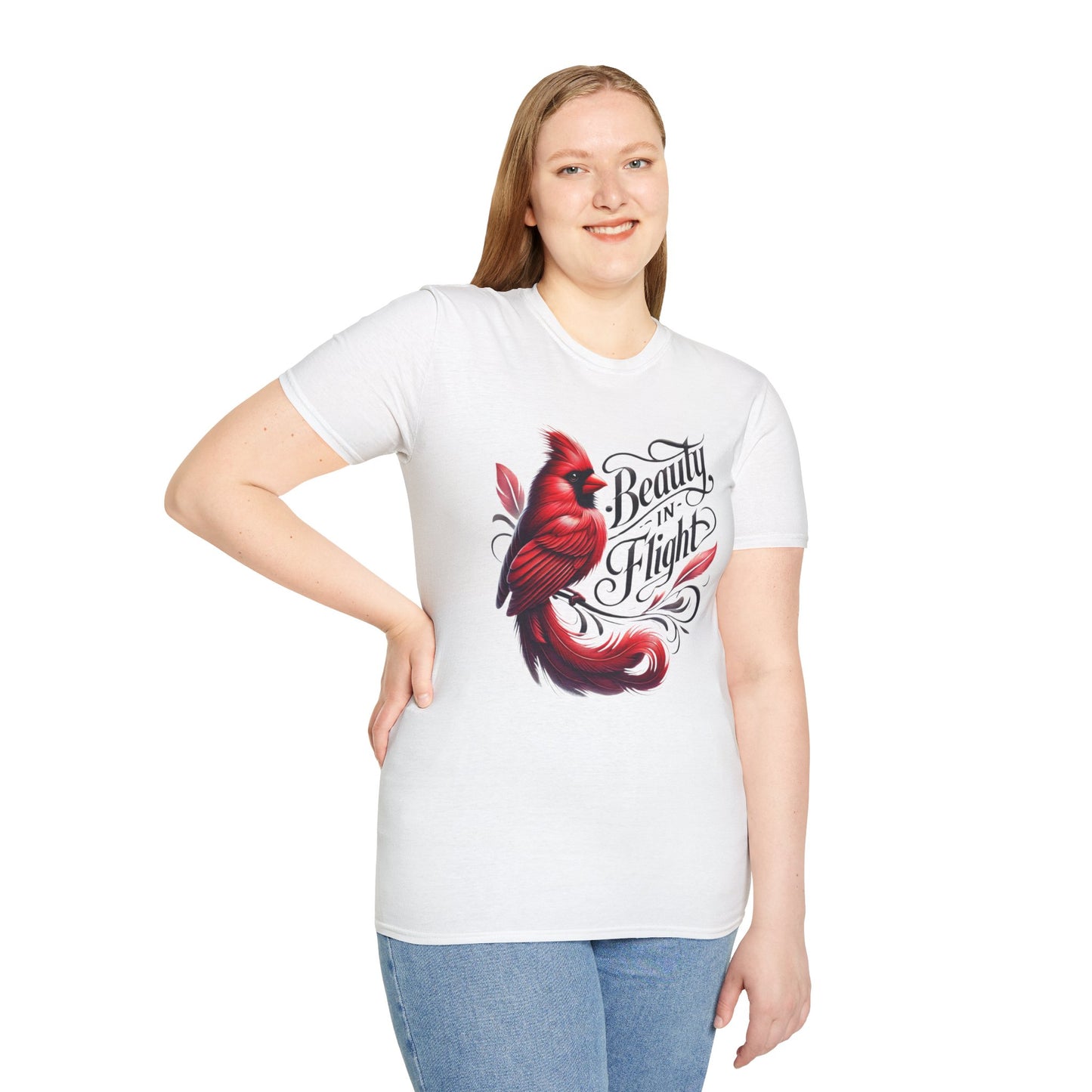 Woman wearing Beauty in Flight cardinal T-shirt with jeans