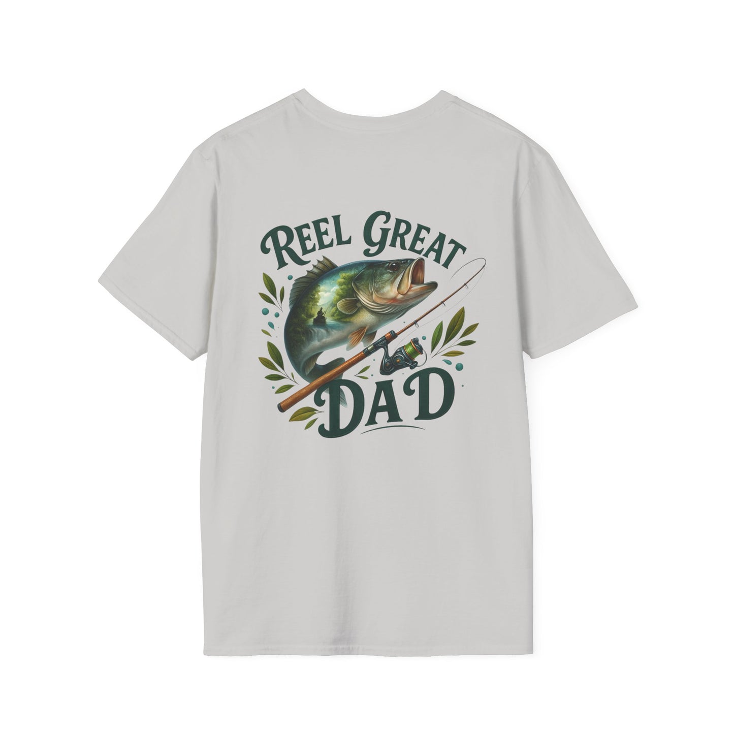 Close-up of Reel Great Dad shirt with vintage-style fishing pole illustration