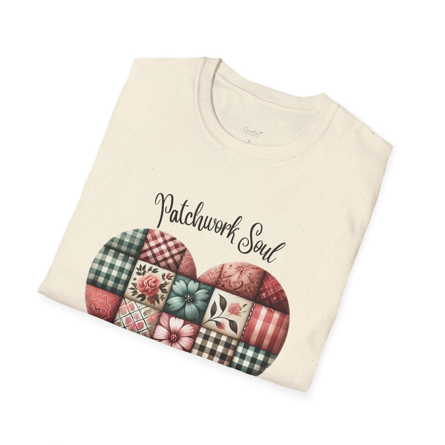 Patchwork Soul T-shirt with colorful stitched heart graphic