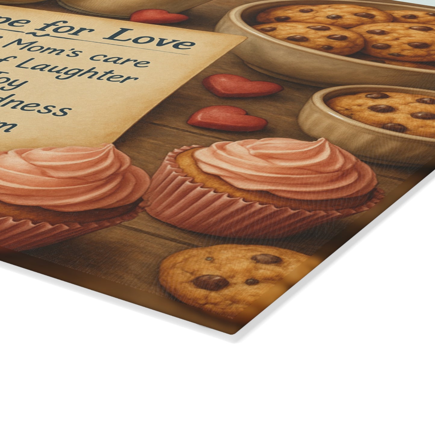 Close up of Recipe for Love glass cutting board
