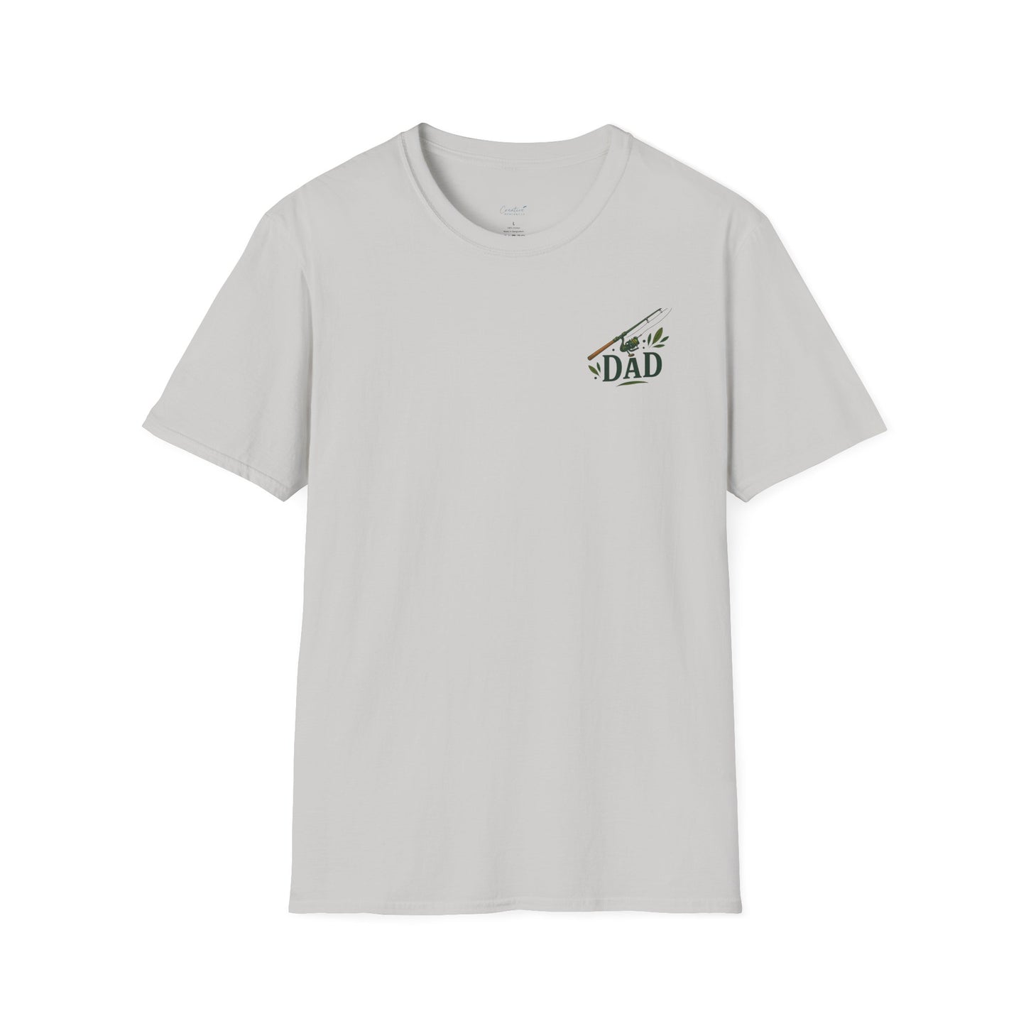 Close-up of Reel Great Dad shirt with vintage-style fishing pole illustration