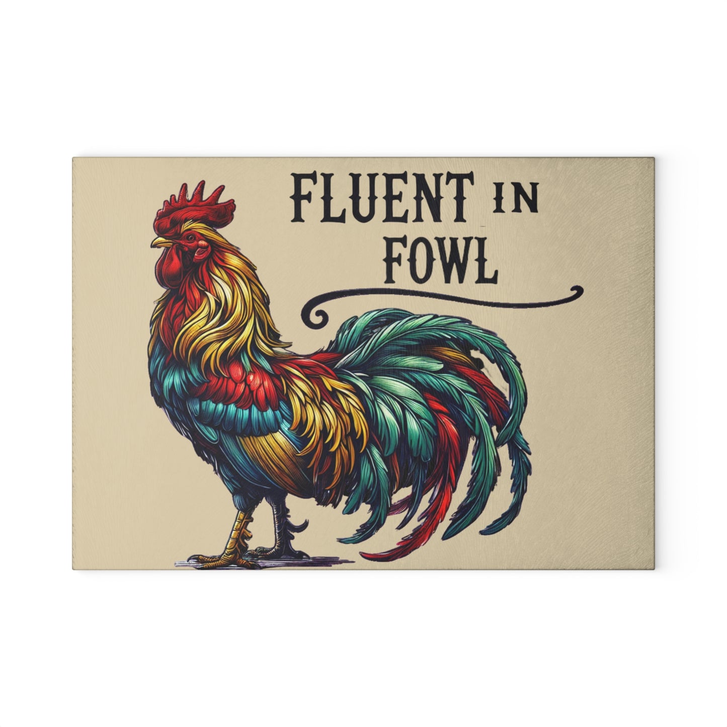Fluent in Fowl Rooster Glass Cutting Board, Kitchen Decor, Gift for Chefs, Rustic Home Essential, Poultry Lovers