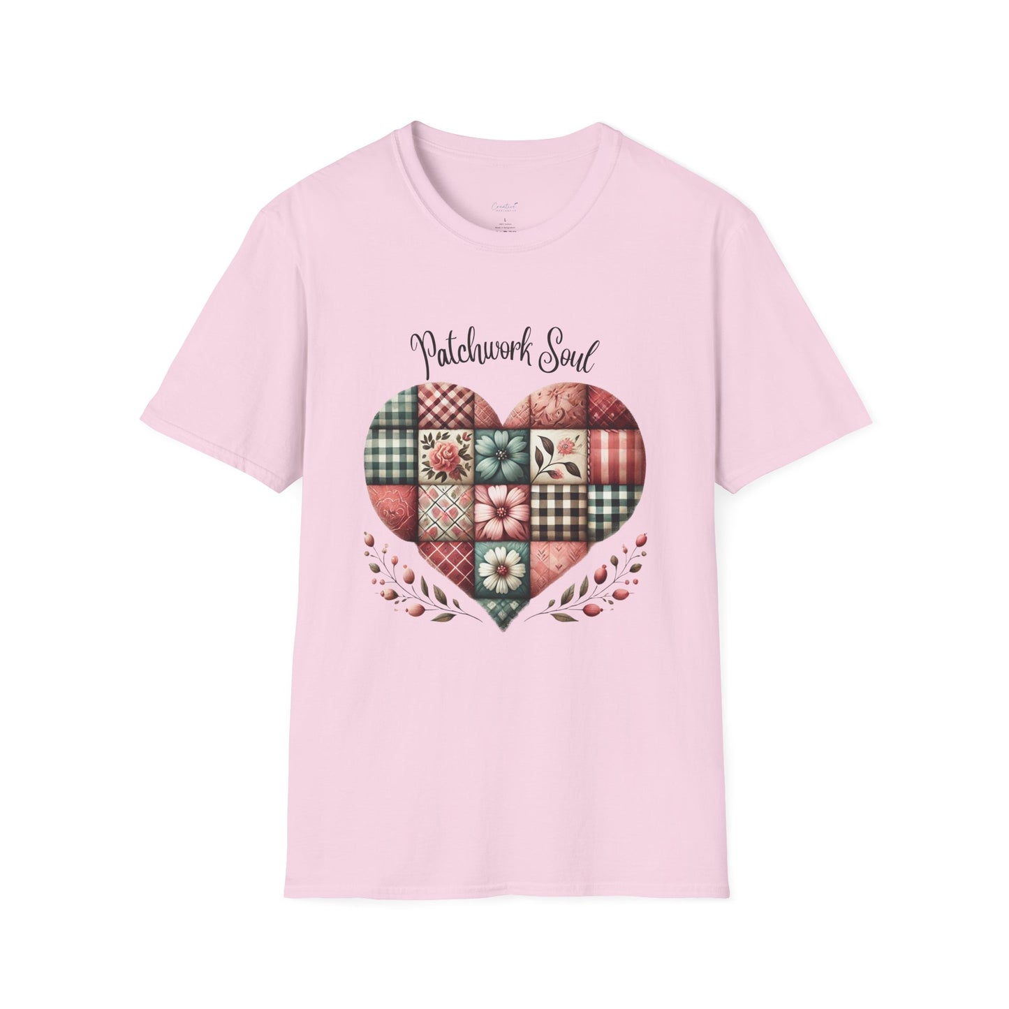 Patchwork Soul T-shirt with colorful stitched heart graphic