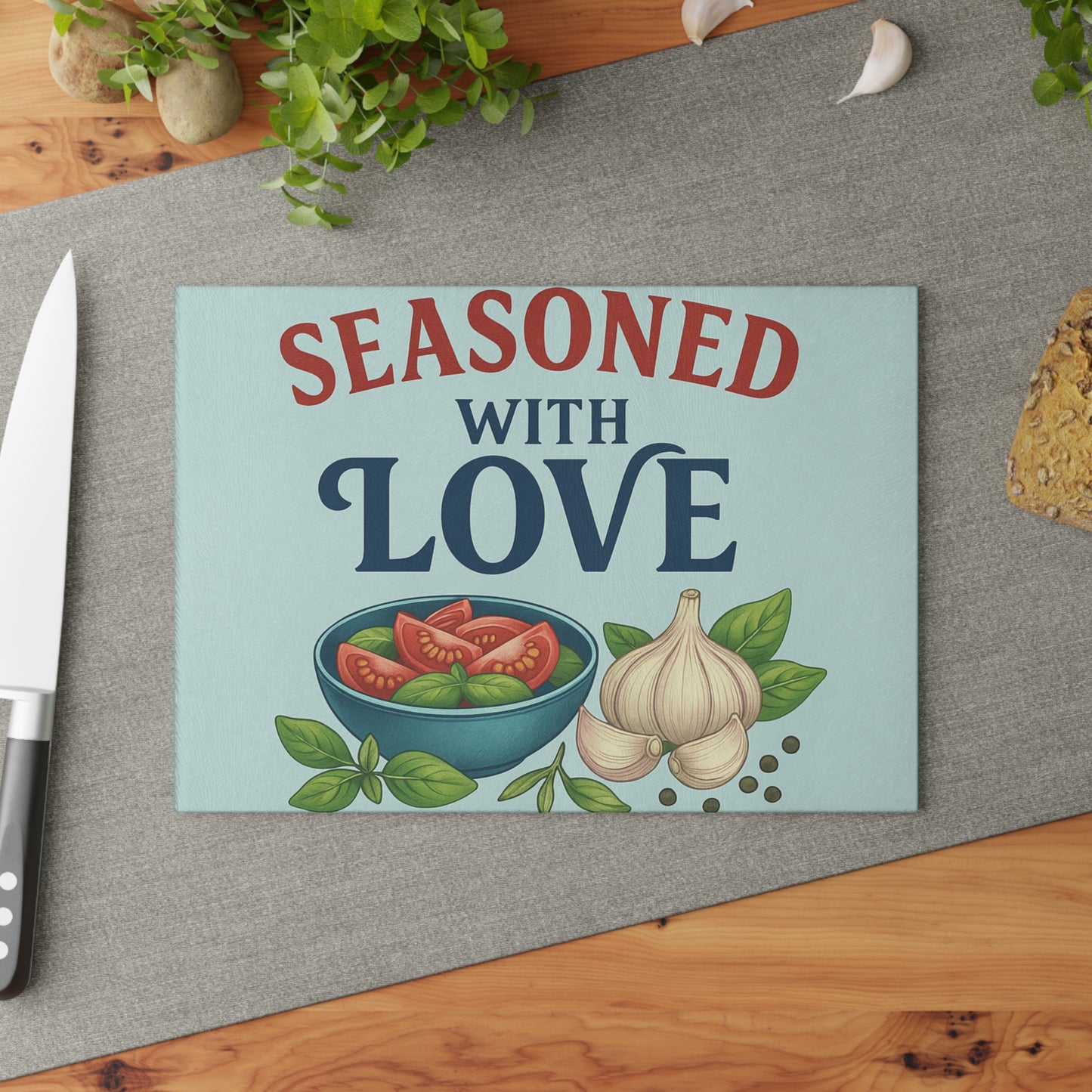 Glass cutting board with text Seasoned with love