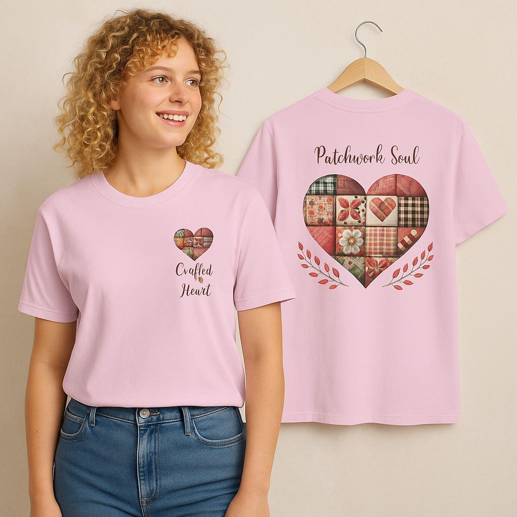 Patchwork Soul T-shirt with colorful stitched heart graphic