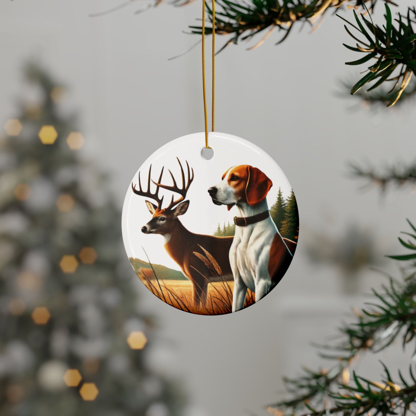 dog and buck ornament hanging from a christmas tree