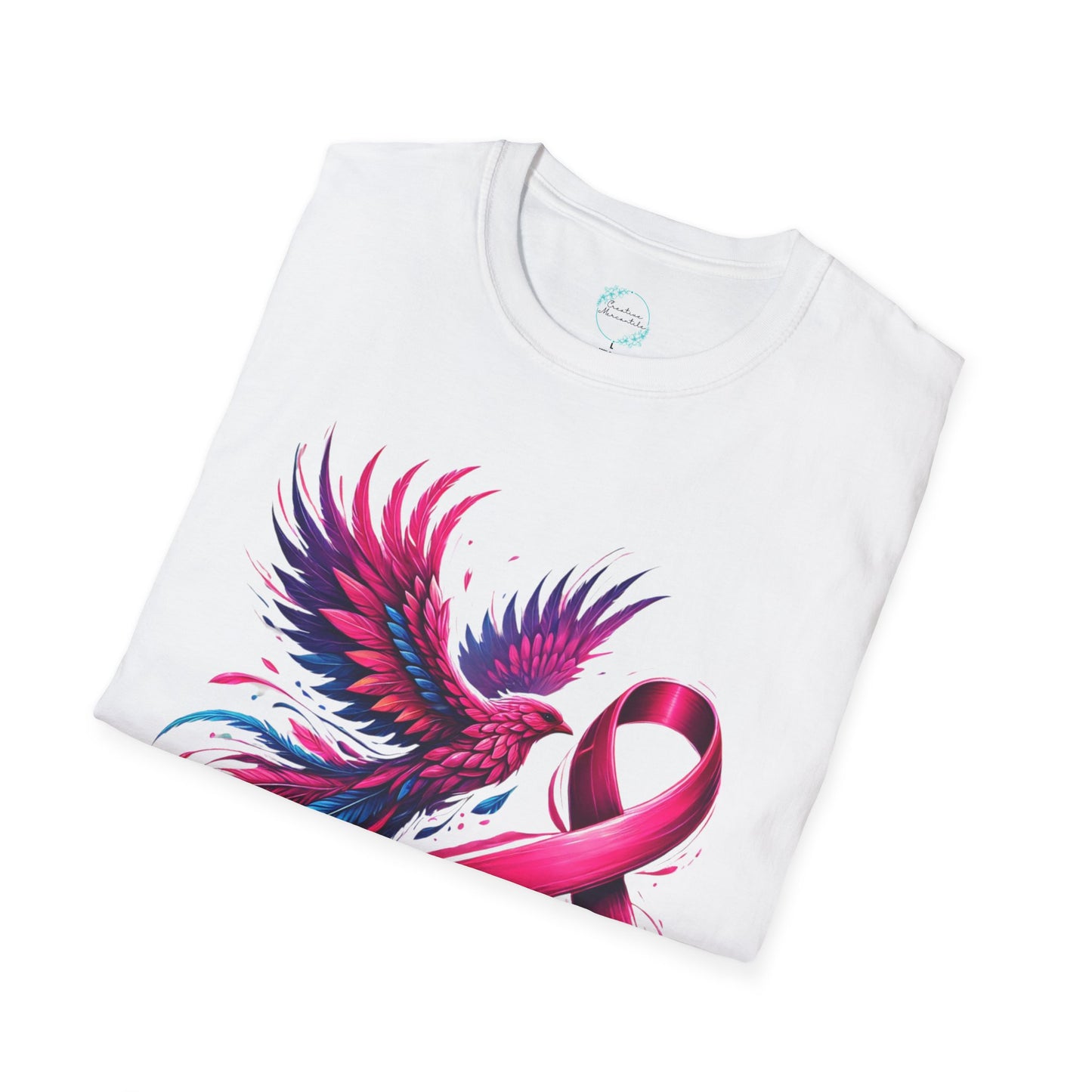 Close-up of folded Rising Strong Cancer Awareness shirt with a phoenix and ribbon