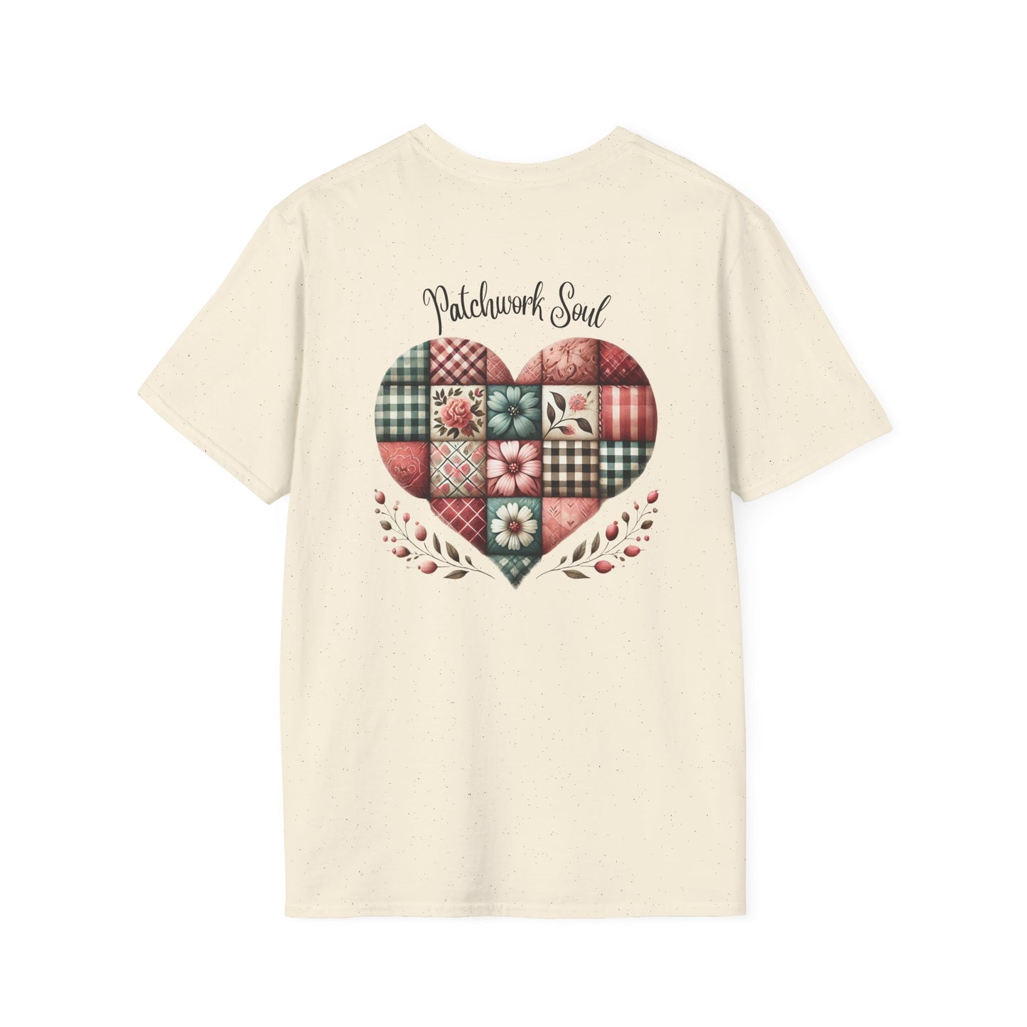 Patchwork Soul T-shirt with colorful stitched heart graphic