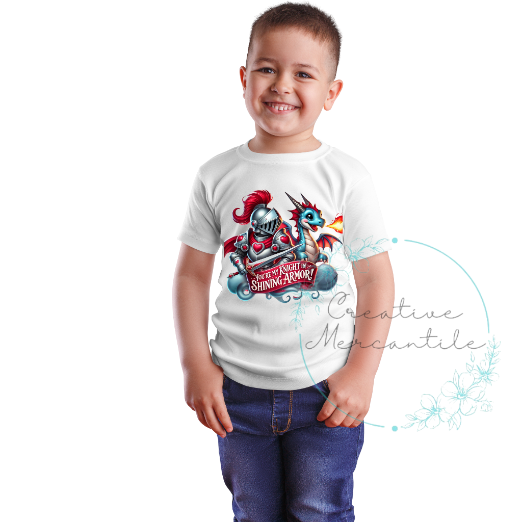 A young boy wearing a Valentine shirt with a knight in armor