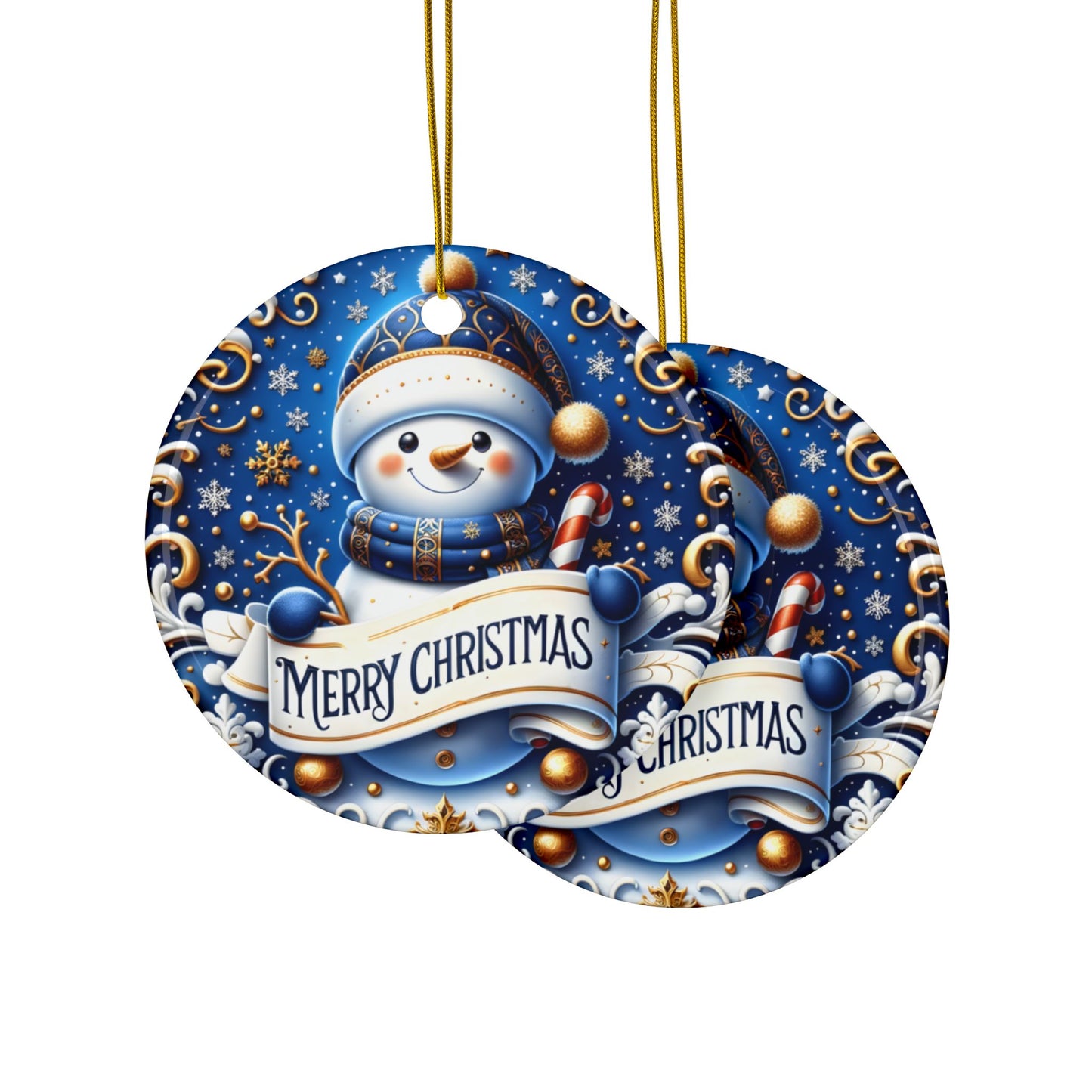 Front and backside of a Snowman ceramic ornament