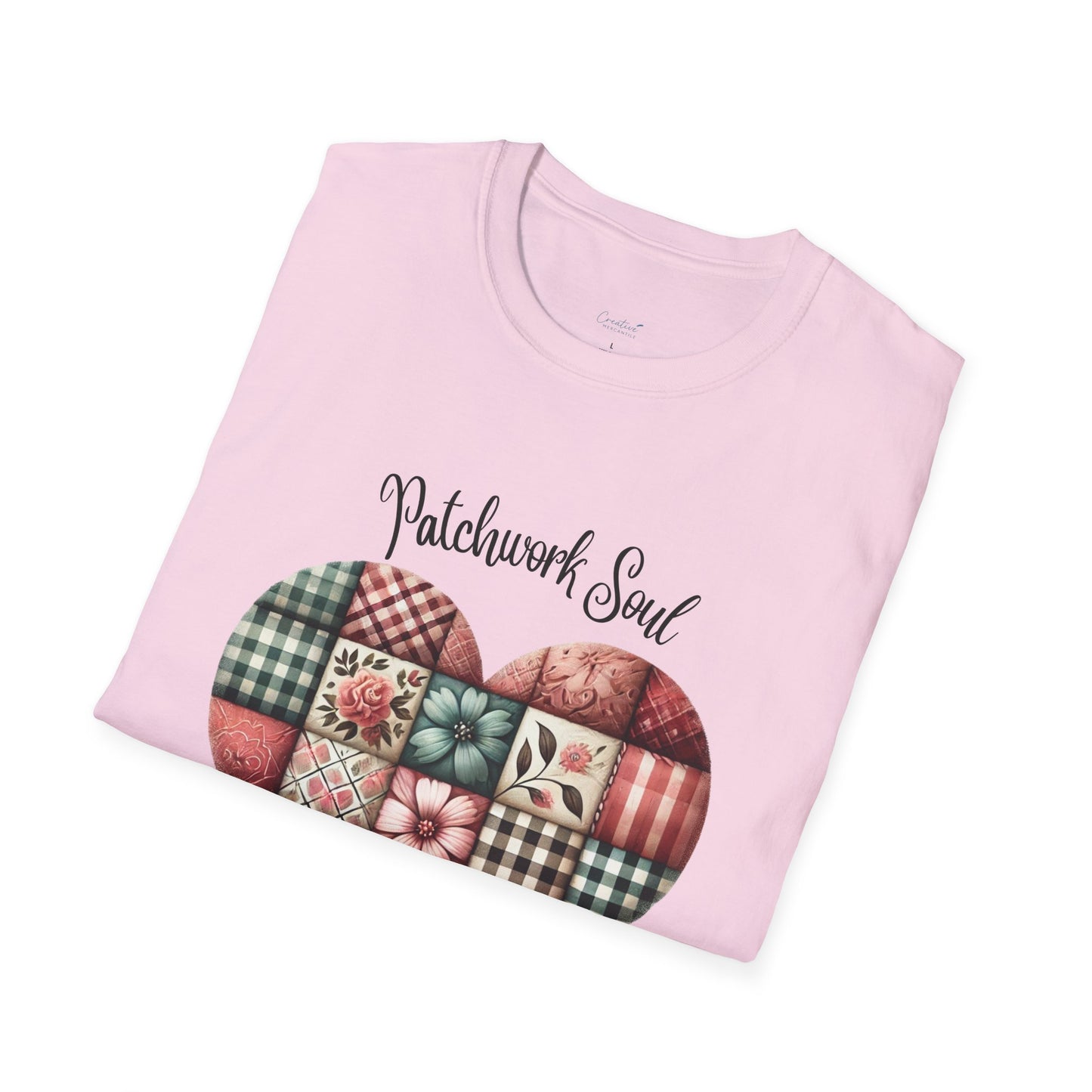 Patchwork Soul T-shirt with colorful stitched heart graphic