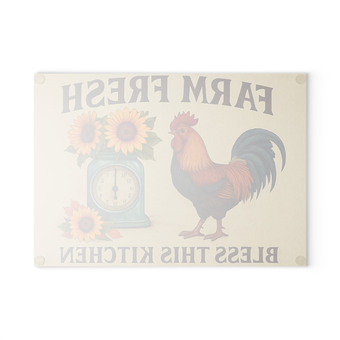 Tempered glass cutting board with kitchen quote and illustrated utensils