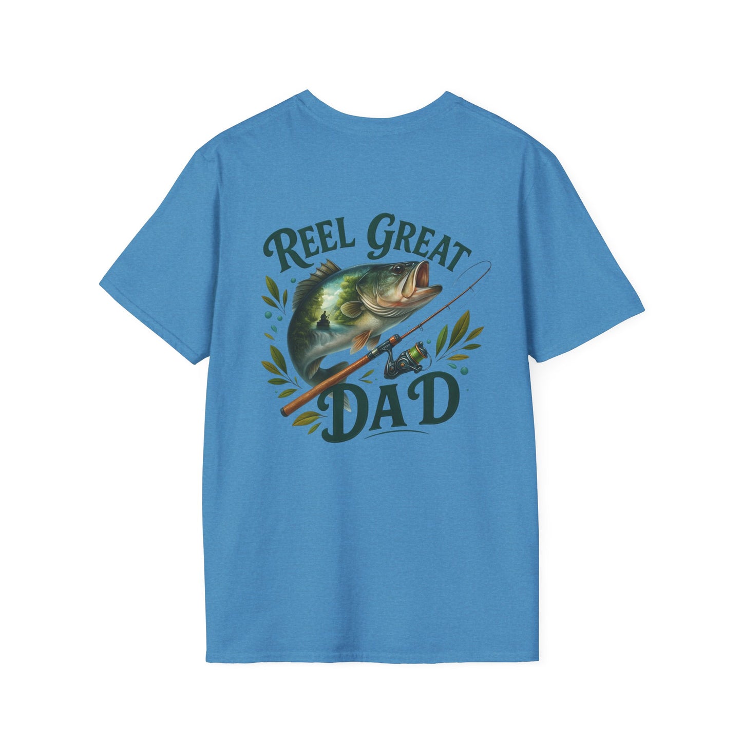 Close-up of Reel Great Dad shirt with vintage-style fishing pole illustration
