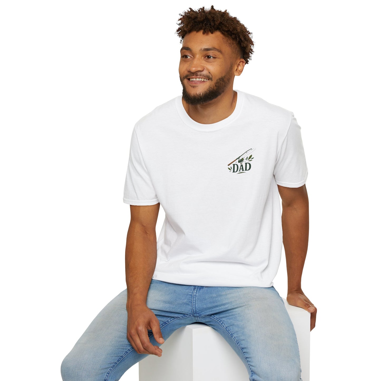 Front view of Reel Great Dad shirt design worn by a man in jeans