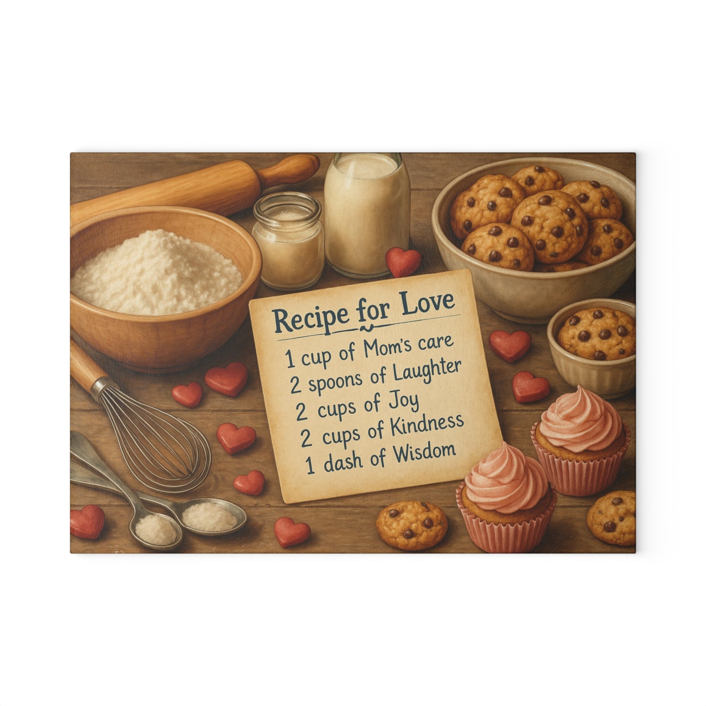 Tempered glass cutting board with kitchen quote and illustrated utensils