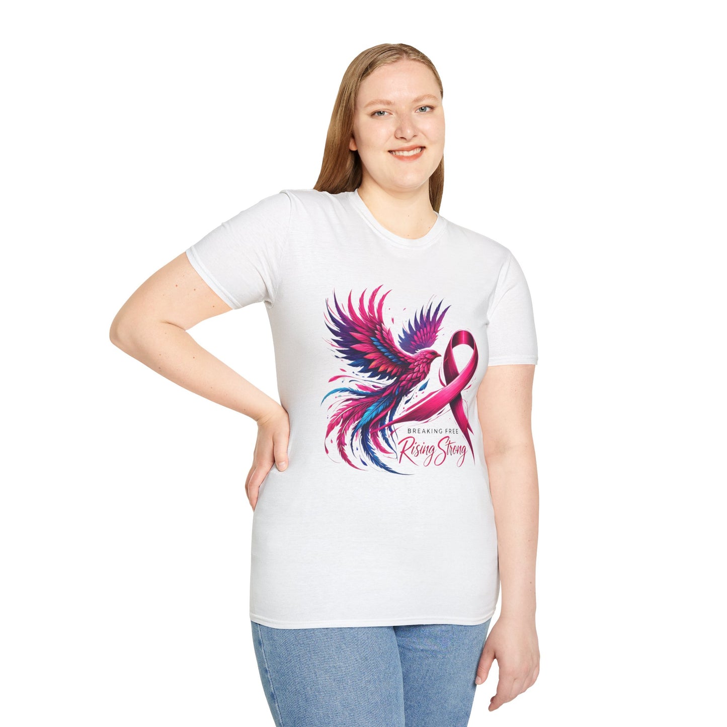 Close-up of Rising Strong Cancer Awareness shirt with a phoenix and ribbon