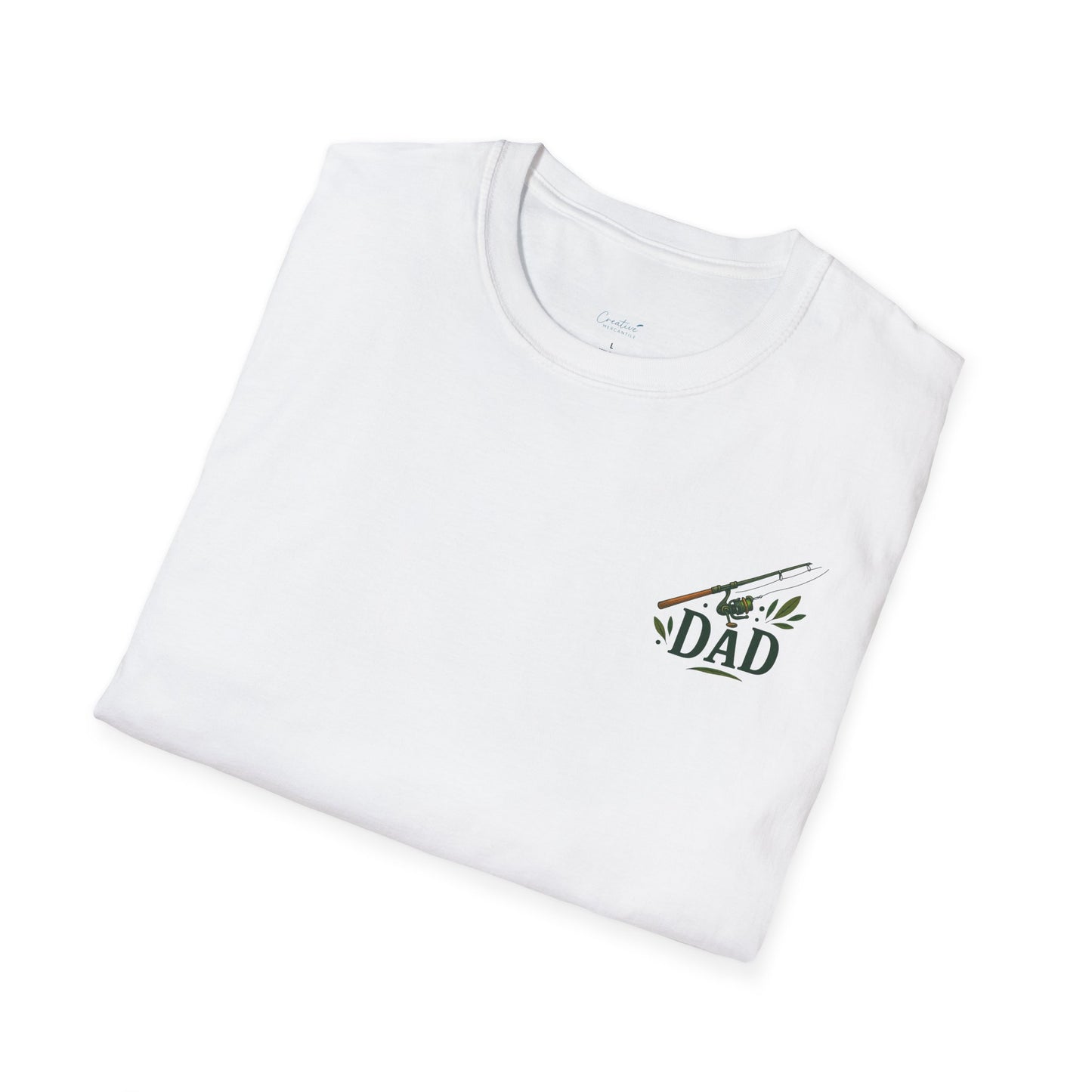 Folded front view of shirt with graphic text Dad with a fishing rod