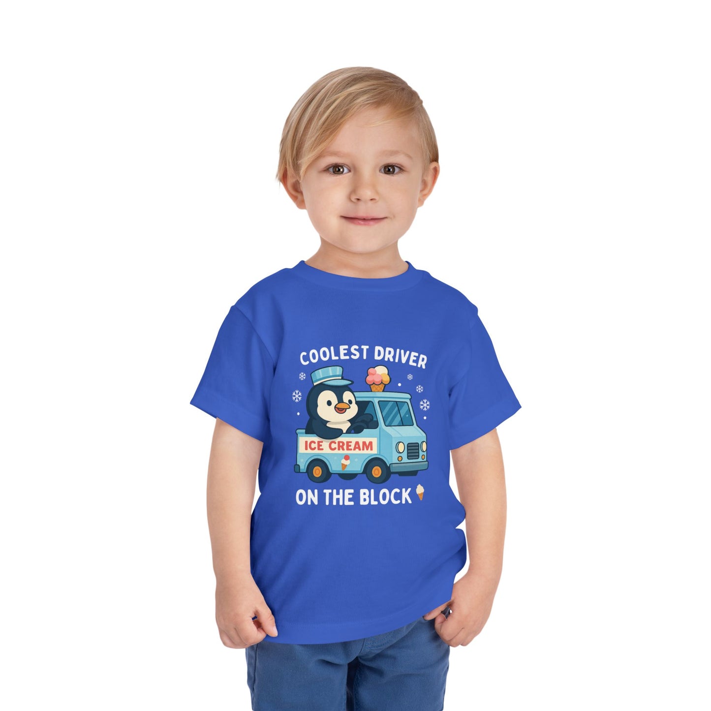 Toddler Coolest Driver blue shirt with penguin and ice-cream truck