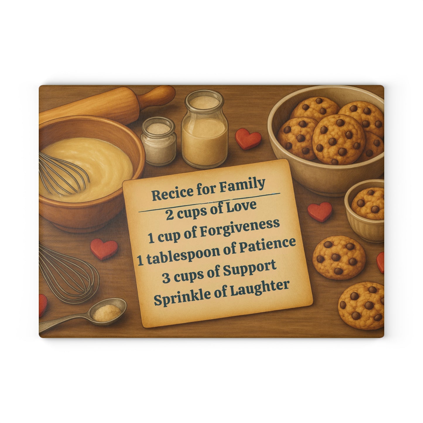 Tempered glass cutting board with kitchen quote and illustrated utensils