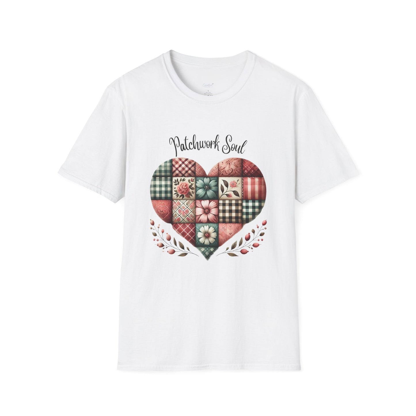 Patchwork Soul T-shirt with colorful stitched heart graphic