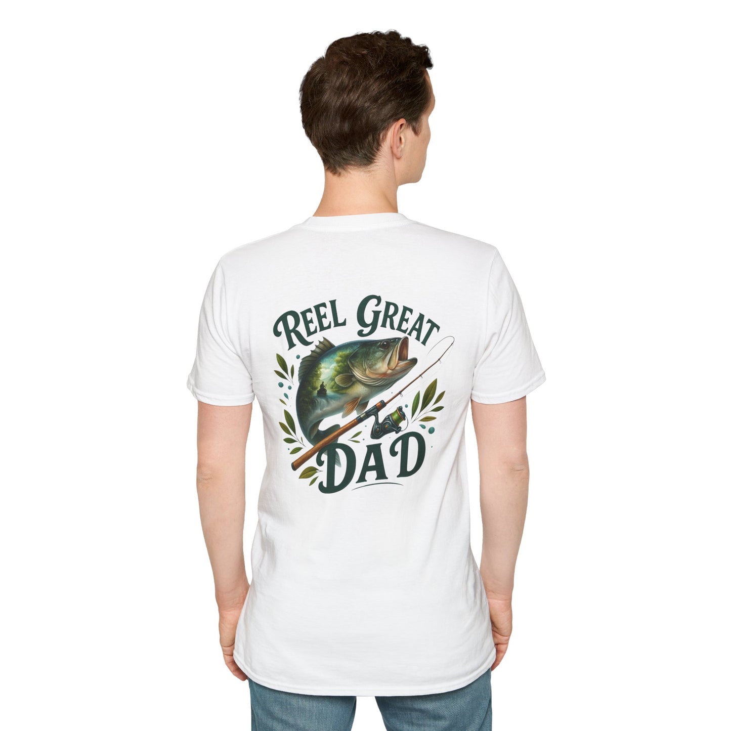 Back view of the Reel Great Dad fishing shirt worn by a man in jeans