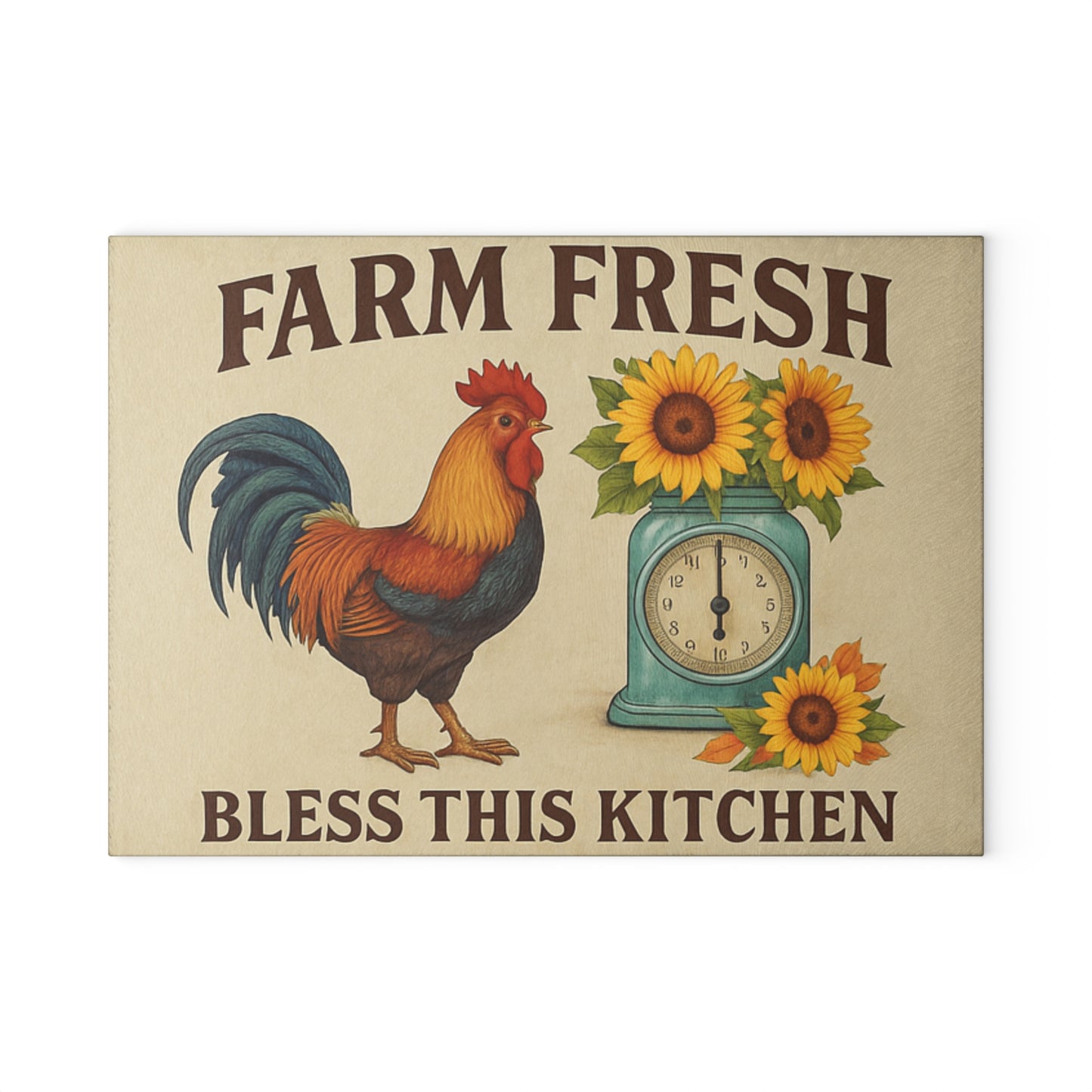 Tempered glass cutting board with kitchen quote and illustrated utensils
